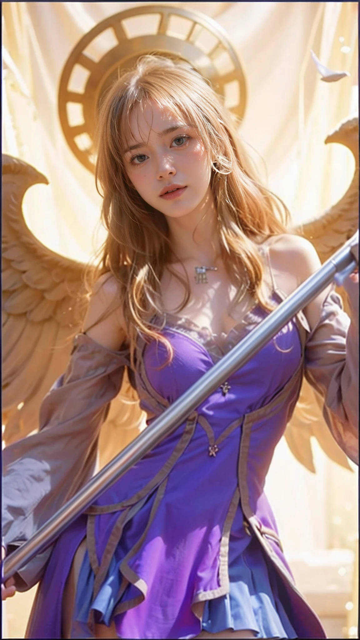 (8k, best quality, masterpiece:1.2), (realistic, photo-realistic:1.37), ultra-detailed, A detailed portrait of 1 girl 21 year old, angel, angel outfit, heaven vibes, beautiful girl, british girl, pale skin, perfect body, blue eyes, pink hair. The scene is illuminated with professional lighting, photon mapping, and radiosity, with Tetsuya Nomura Style. Blur bokeh effect, realistic light.