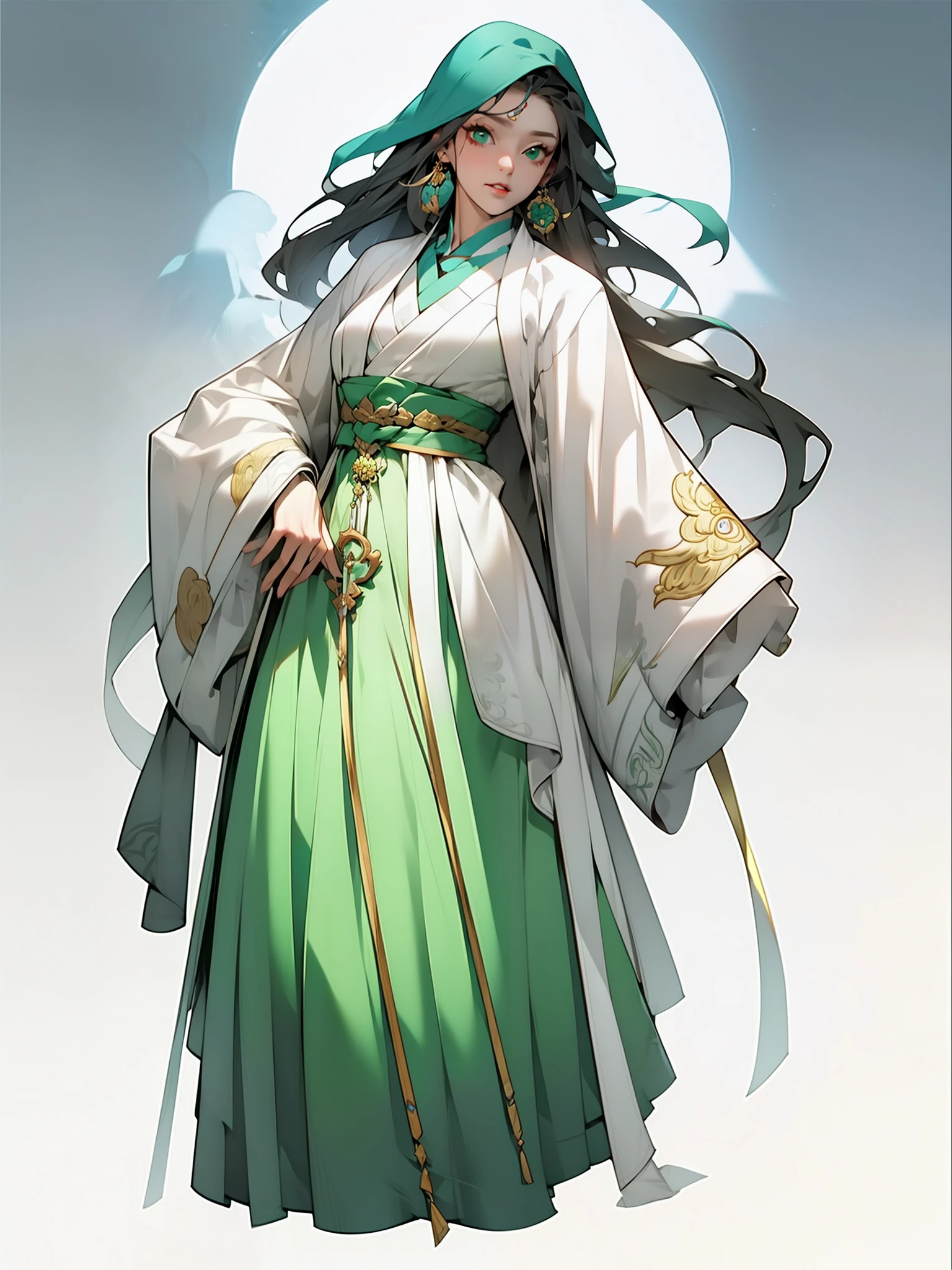 （NOhumans：1.5）， tmasterpiece， Ultimate，（Green gauze dress），（Ancient Chinese clothes，pleated long skirt，gossamer，gold chains，Green Hanfu，Phnom Penh embroidery）,Xian Xia whole body, Female swordsman, gameicon, Highly detailed character design, Highly detailed face, Inspired by Ai Xuan,very highly detailed face, unreal engine rendered, final fantasy 14 style