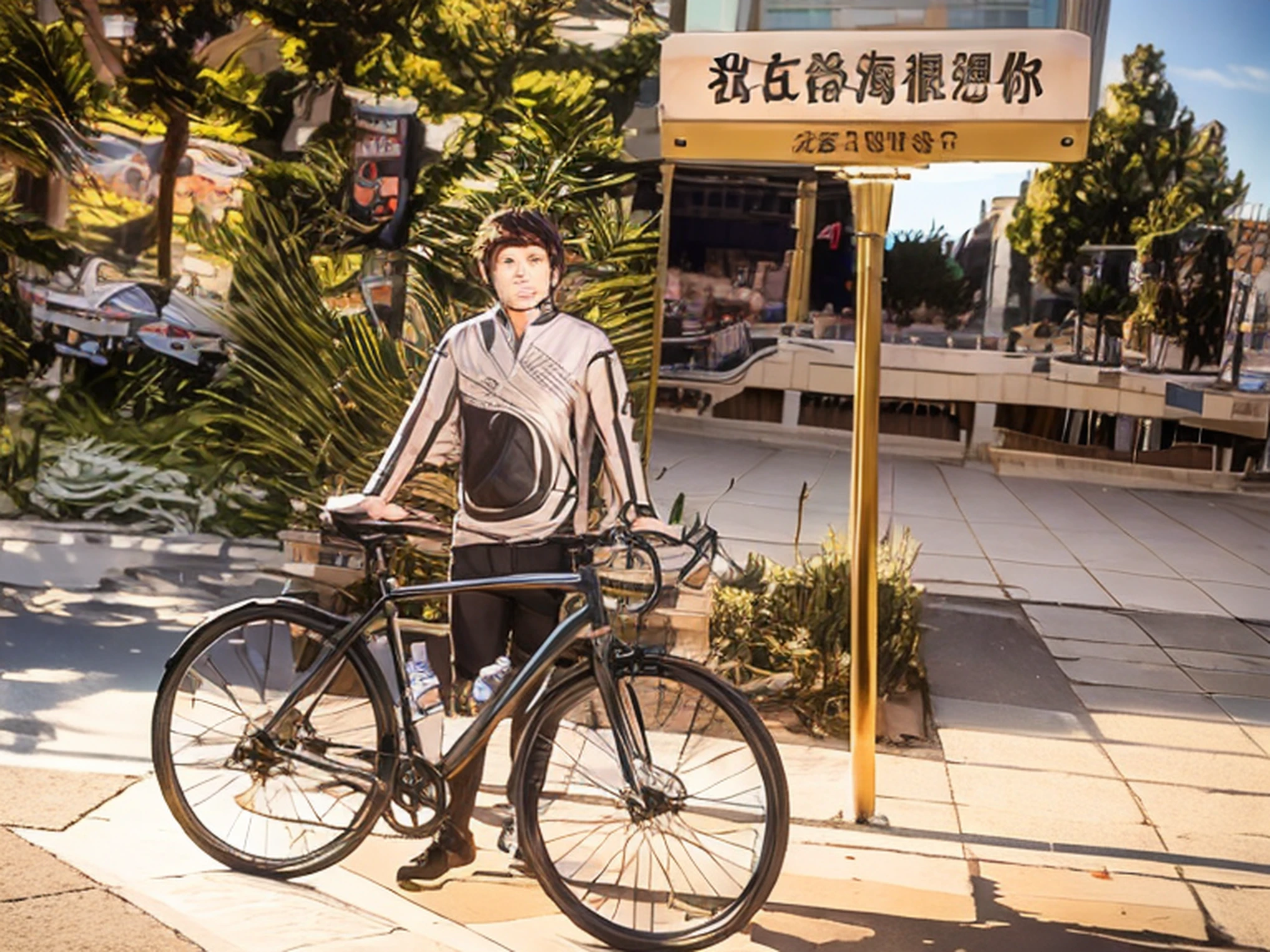 The Alafed man stands next to a bicycle on the sidewalk, jinyiwei