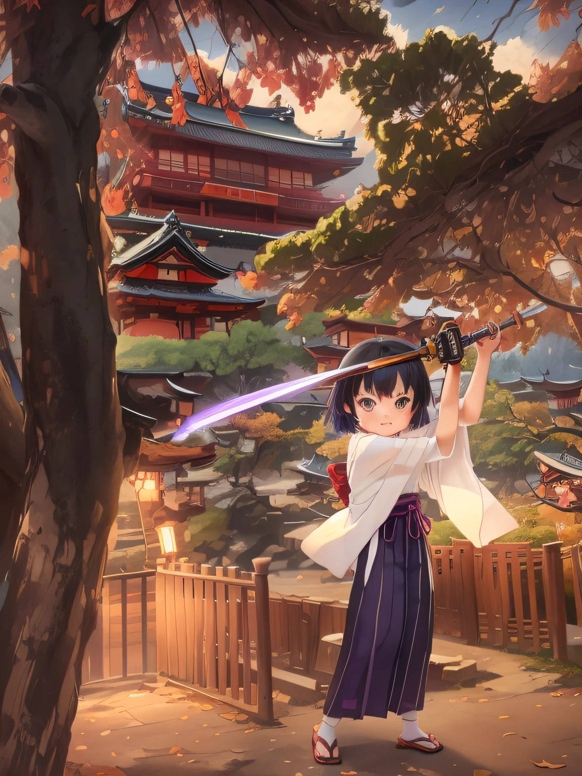 Japanimation, (((eroge))), Japanese scene, Japanese composition, 16k, extremely high level illustration ,an extremely beautiful girl, absurd resolution, absurd detailed, 1girl, solo, weapon, sword, japanese_clothes, kimono, katana, black_hair, purple_eyes, short_hair, tabi, blue_kimono, sash, obi, sandals, full_body, blue_eyes, long_sleeves, holding, zouri, wide_sleeves, looking_at_viewer, holding_weapon, holding_sword, arms_up, standing, socks, fighting_stance, smile, geta, yukata, open_mouth, obijime, closed_mouth, alternate_hairstyle, frown, blush_stickers, bangs, white_socks, sheath, v-shaped_eyebrows, :<, cosplay, child, two-handed, obiage, mole, bob_cut, haori, samurai, female_child, multicolored_eyes, mole_under_eye, chibi, hair_ornament, ootachi, serious, hair_between_eyes, sidelocks, flat_chest, official_style, open_clothes, outdoors, east asian architecture, short hair, architecture, autumn leaves, hakama skirt, looking at viewer, blue eyes, sandals, wide sleeves, standing, bridge, outdoors, architecture, east asian architecture, autumn leaves, building, day, traditional media, autumn, sky, leaf