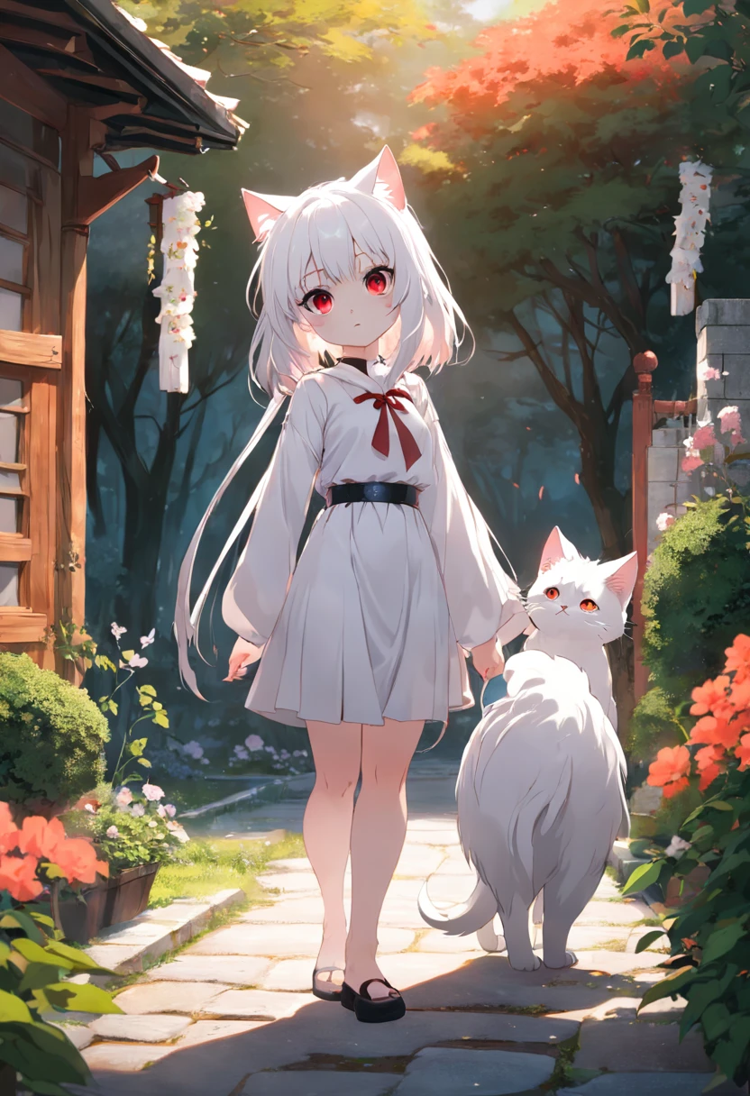 White-haired cat-eared girl standing in the garden,red eyes,adolable,Soft cute,Dumb cute。