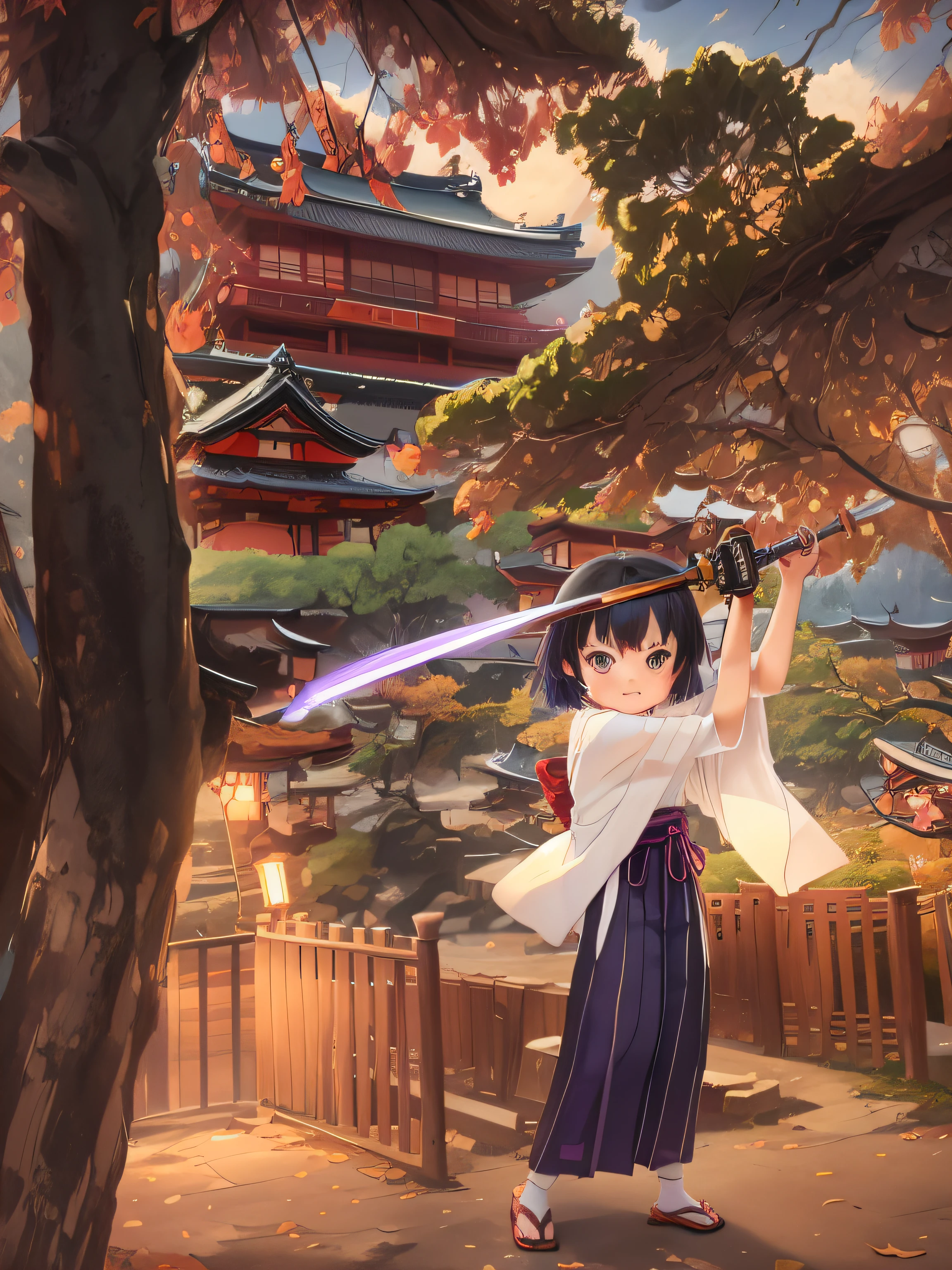 Japanimation, (((eroge))), Japanese scene, Japanese composition, 16k, extremely high level illustration ,an extremely beautiful girl, absurd resolution, absurd detailed, 1girl, solo, weapon, sword, japanese_clothes, kimono, katana, black_hair, purple_eyes, short_hair, tabi, blue_kimono, sash, obi, sandals, full_body, blue_eyes, long_sleeves, holding, zouri, wide_sleeves, looking_at_viewer, holding_weapon, holding_sword, arms_up, standing, socks, fighting_stance, smile, geta, yukata, open_mouth, obijime, closed_mouth, alternate_hairstyle, frown, blush_stickers, bangs, white_socks, sheath, v-shaped_eyebrows, :<, cosplay, child, two-handed, obiage, mole, bob_cut, haori, samurai, female_child, multicolored_eyes, mole_under_eye, chibi, hair_ornament, ootachi, serious, hair_between_eyes, sidelocks, flat_chest, official_style, open_clothes, outdoors, east asian architecture, short hair, architecture, autumn leaves, hakama skirt, looking at viewer, blue eyes, sandals, wide sleeves, standing, bridge, outdoors, architecture, east asian architecture, autumn leaves, building, day, traditional media, autumn, sky, leaf