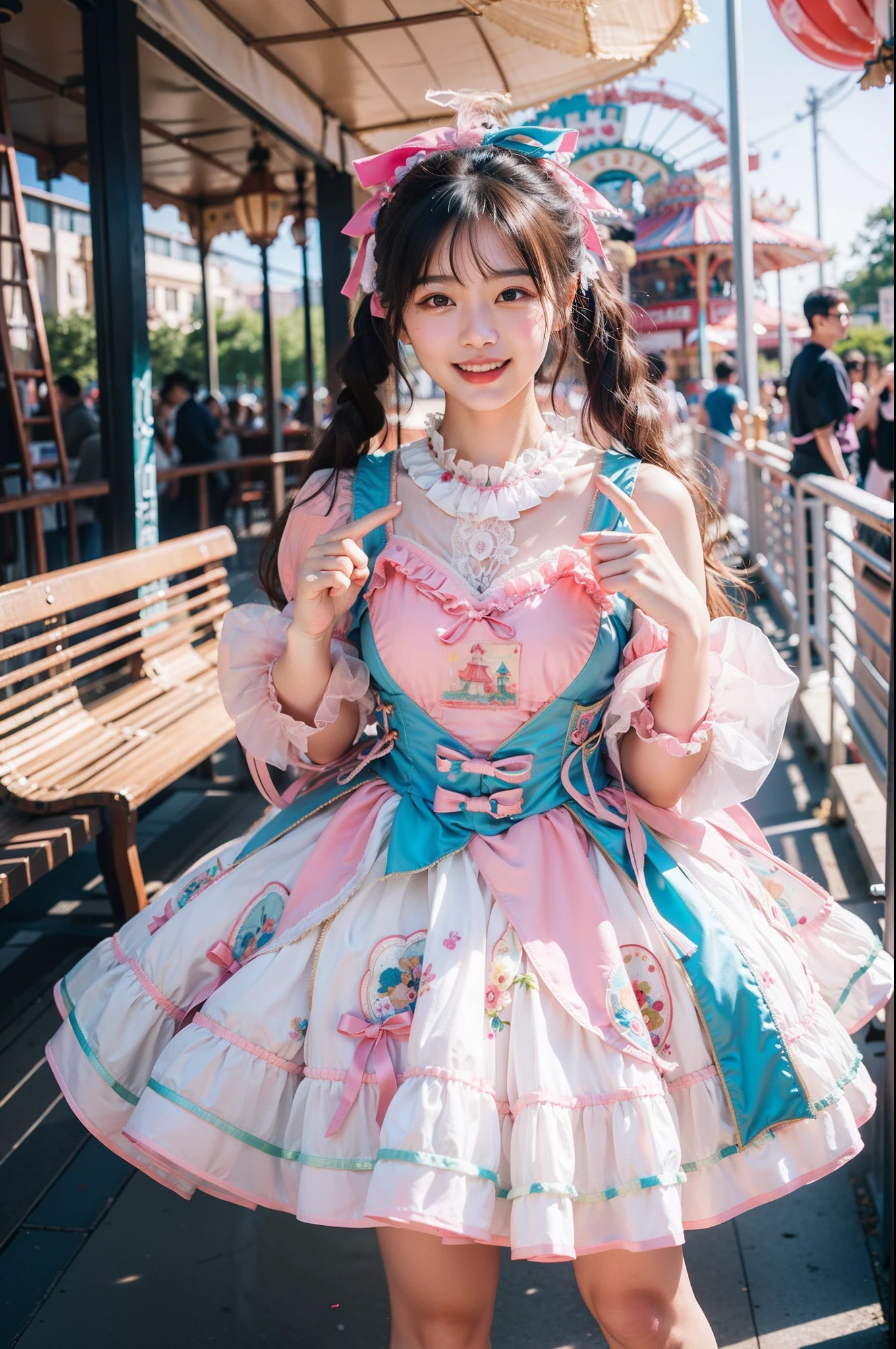 ((masterpiece))、(top-quality)、8K、high detal、ultra-detailliert、 natta、21 year old woman in pink ta dress((dreamy ambiance:1.1))、Seductive and whimsical style、masterpiece、Unripe、Scenes similar to fairy tale illustrations、Intricate details showcasing the ruffles and delicate design of the Loliress、Delicate、dreamy aesthetic、magia、capricious、 Delicate、dreamy aesthetic、「𝓡𝓸𝓶𝓪𝓷𝓽𝓲𝓬、Ethereal、Captivating、Captivating、fickle、Magic」、真实感、VFX、FXAA、TXAA、nffsw、SSAO、Shaders、No noise、Ambient lighting、tonemapping、hight resolution、Ulutra HD、Megapixel、(8K分辨率:1.10)、8K、Less in 8K、8K分辨率、High Details、intricate detailes、The look of surprise and awe on her face、 (hightquality:1.2、master piece:1.2、:1.21)、(21-year-old female:1.21)、(Laughing excitedly)、(Surrounded by the fantastic atmosphere of an amusement park)、Pink Lolita Des、Her eyes were full of surprise and joy、Shooting to many geeks、beauty legs、high-heels、Slimed、A slender、Model body type