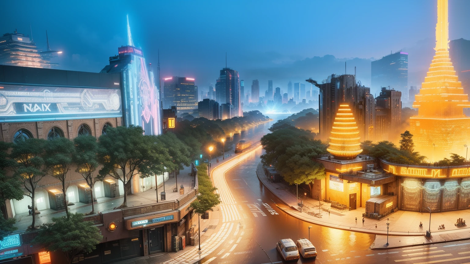 retro-futurism, a cyberpunk urban fantasy New York City made of metal and concrete and technology by the sea, towering defensive walls, shipping docks, intricate details, 8k high resolution, volumetric lighting, neon ambiance, detailed matte painting, deep color, fantastical, intricate detail, splash screen, complementary colors, fantasy concept art, 8k resolution trending on Artstation Unreal Engine 5