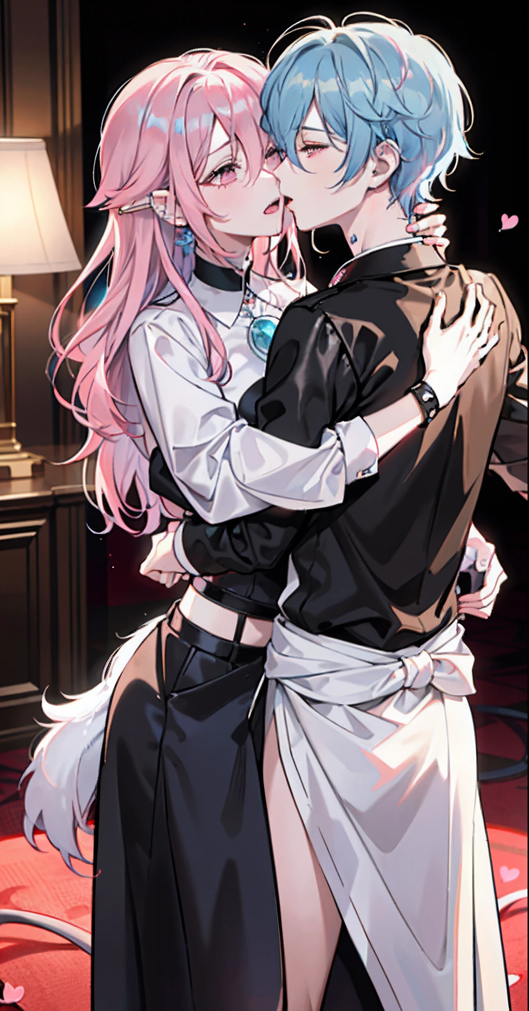 Male and female couples, Idol couple, Idol Photos, Magazine covers, Photos of actors, Professional Photos, Height difference, tall, Happiness, youthfulness, lovey-dovey, Deep kiss, Juice dripping from the mouth, extra detailed face, detailed punk hair, very detailed character, inspired by Sim Sa-jeong, single realistic face, Cai Xukun's, detailed realistic faces, highly detailed realistic face, high detailed face anime, realistic detailed face, Accurate detailed face, attractive androgynous humanoid, Black Casual Idol Costume, ((Man with light blue hair)), ((Woman with pink hair)), ((Woman with long hair below waist)), ((Man with short hair over ears)), ((Pink hair woman with gentle expression)), ((Man with light blue hair with wild expression)), high-level image quality, masterpiece, Photographed so that the whole body can be seen, Photographed to make clothes look beautiful, Take your eyes off, ((two individuals)), ((Woman hugging man from behind)), ((Cat girlfriend and dog boyfriend))