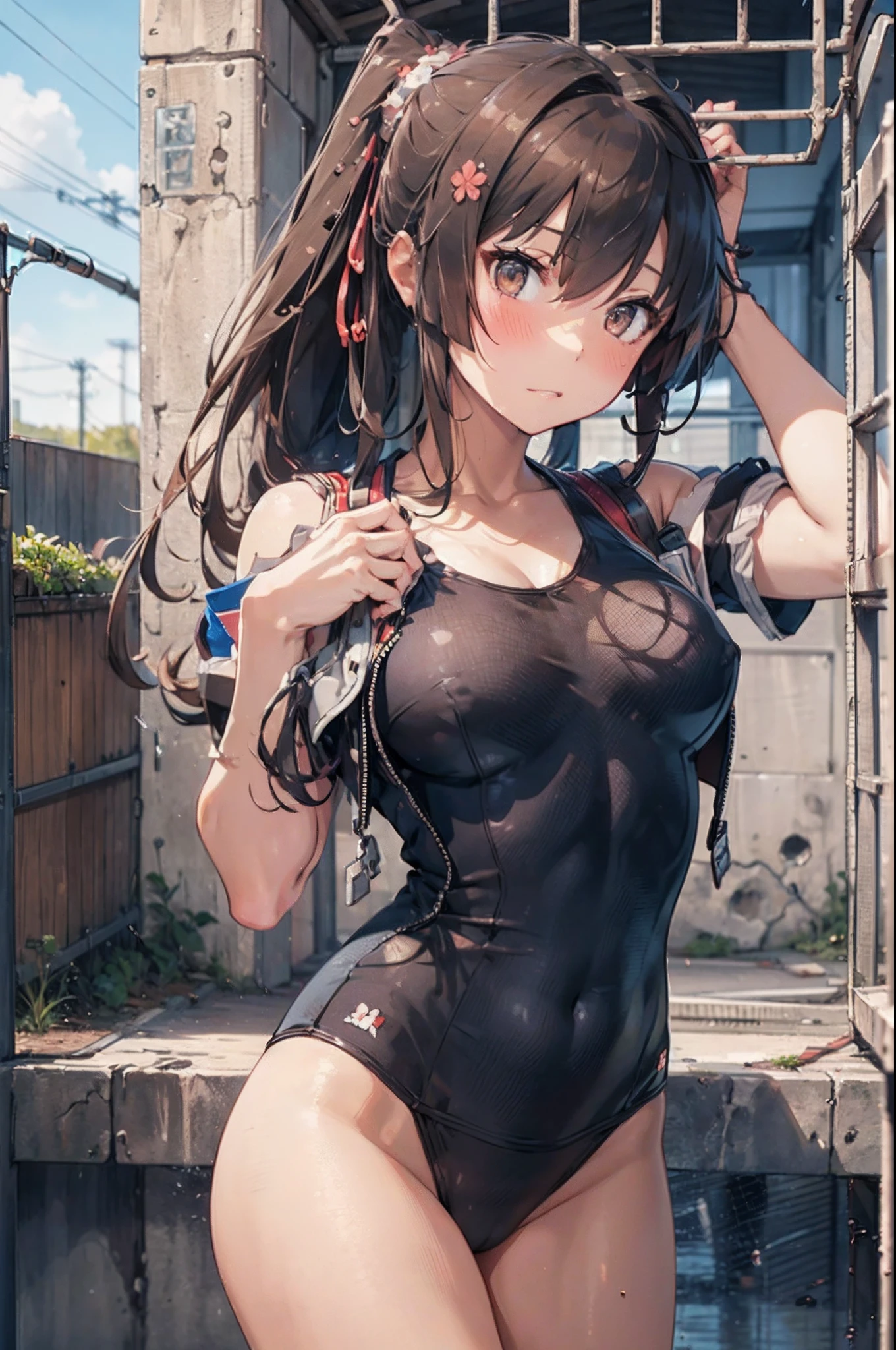 yamato_\(kancolle\),(disdain:1.5),(disgust:1.5),blush,standing, right hand on chest,((masterpiece)),((best quality)),((high resolution)), ((ultra-detailed)),old style school swimsuit, one-piece swimsuit, (navy blue school swimsuit), landless swimsuit, 1girl, Solo,from below,((from front)),((concrete background)),((caged)),prison,basement,perfect anatomy,