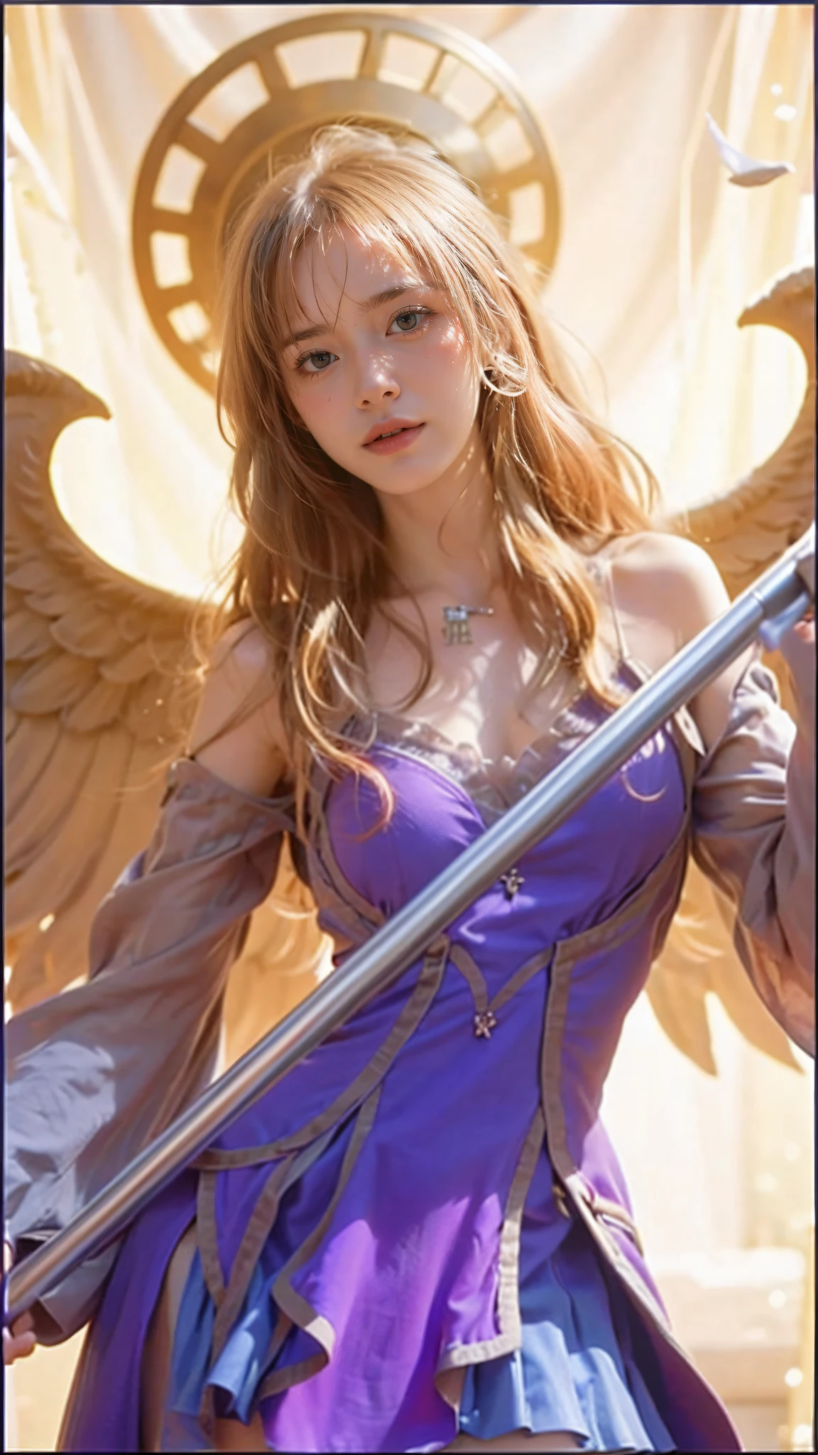(8k, best quality, masterpiece:1.2), (realistic, photo-realistic:1.37), ultra-detailed, A detailed portrait of 1 girl 21 year old, angel, angel outfit, heaven vibes, beautiful girl, british girl, pale skin, perfect body, blue eyes, pink hair. The scene is illuminated with professional lighting, photon mapping, and radiosity, with Tetsuya Nomura Style. Blur bokeh effect, realistic light.