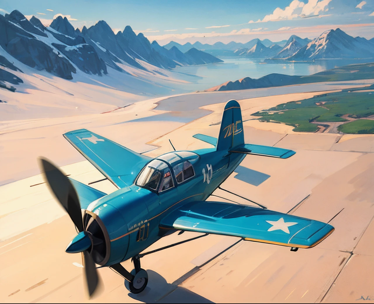 Draw an illustration of Howard Lyon's small plane flying in the sky,The background is a mountain。