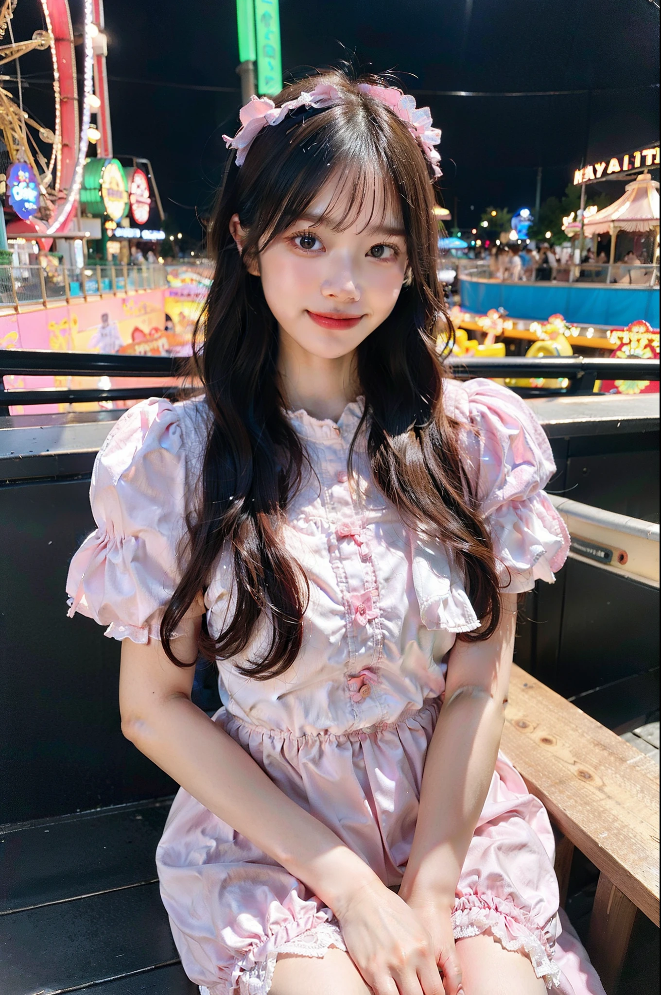 ((masterpiece))、(top-quality)、8K、high detal、ultra-detailliert、 natta、21 year old woman in pink ta dress((dreamy ambiance:1.1))、Seductive and whimsical style、masterpiece、Unripe、Scenes similar to fairy tale illustrations、Intricate details showcasing the ruffles and delicate design of the Loliress、Delicate、dreamy aesthetic、magia、capricious、 Delicate、dreamy aesthetic、「𝓡𝓸𝓶𝓪𝓷𝓽𝓲𝓬、Ethereal、Captivating、Captivating、fickle、Magic」、真实感、VFX、FXAA、TXAA、nffsw、SSAO、Shaders、No noise、Ambient lighting、tonemapping、hight resolution、Ulutra HD、Megapixel、(8K resolution:1.10)、8K、Less in 8K、8K resolution、High Details、intricate detailes、The look of surprise and awe on her face、 (hightquality:1.2、master piece:1.2、:1.21)、(21-year-old female:1.21)、(Laughing excitedly)、(Surrounded by the fantastic atmosphere of an amusement park)、Pink Lolita Des、Her eyes were full of surprise and joy、Filming to many geeks、beauty legs、high-heels、Slimed、A slender、Model body type