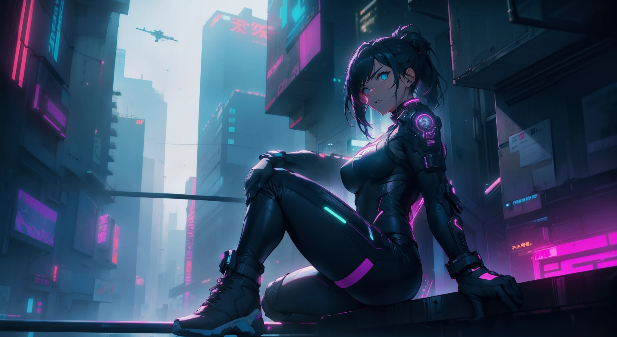 Gloomy cyberpunk city with neon lights spreading in a valley of skyscrapers。On the windowsill of a glazed apartment、One girl sits in gym、Deep loneliness drifts in the air。Her lonely gaze、Resonate with the viewer。
