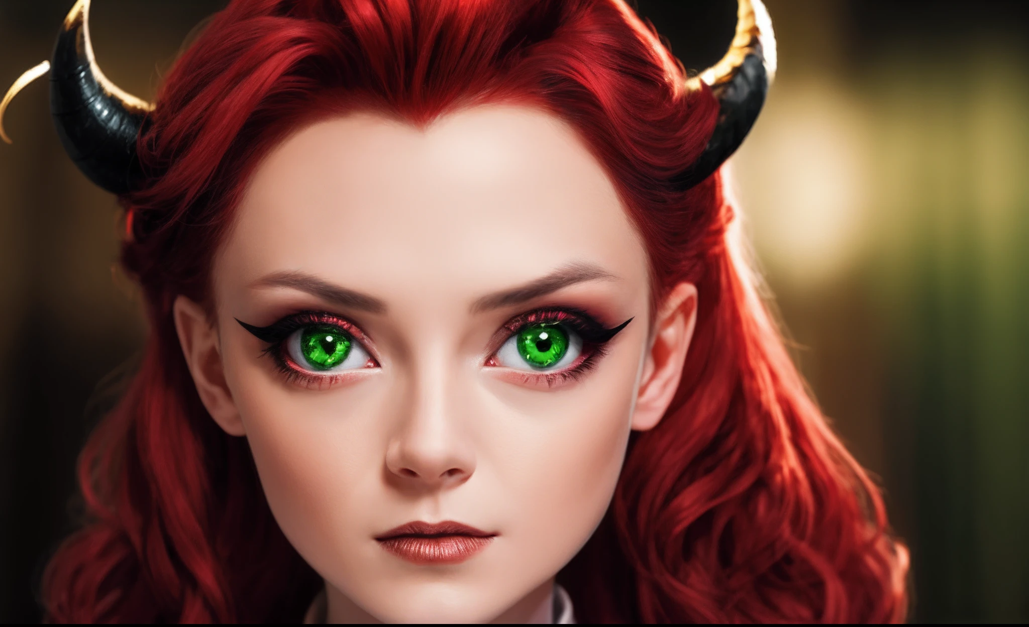 Cheveux rouge, yeux vert, demoness