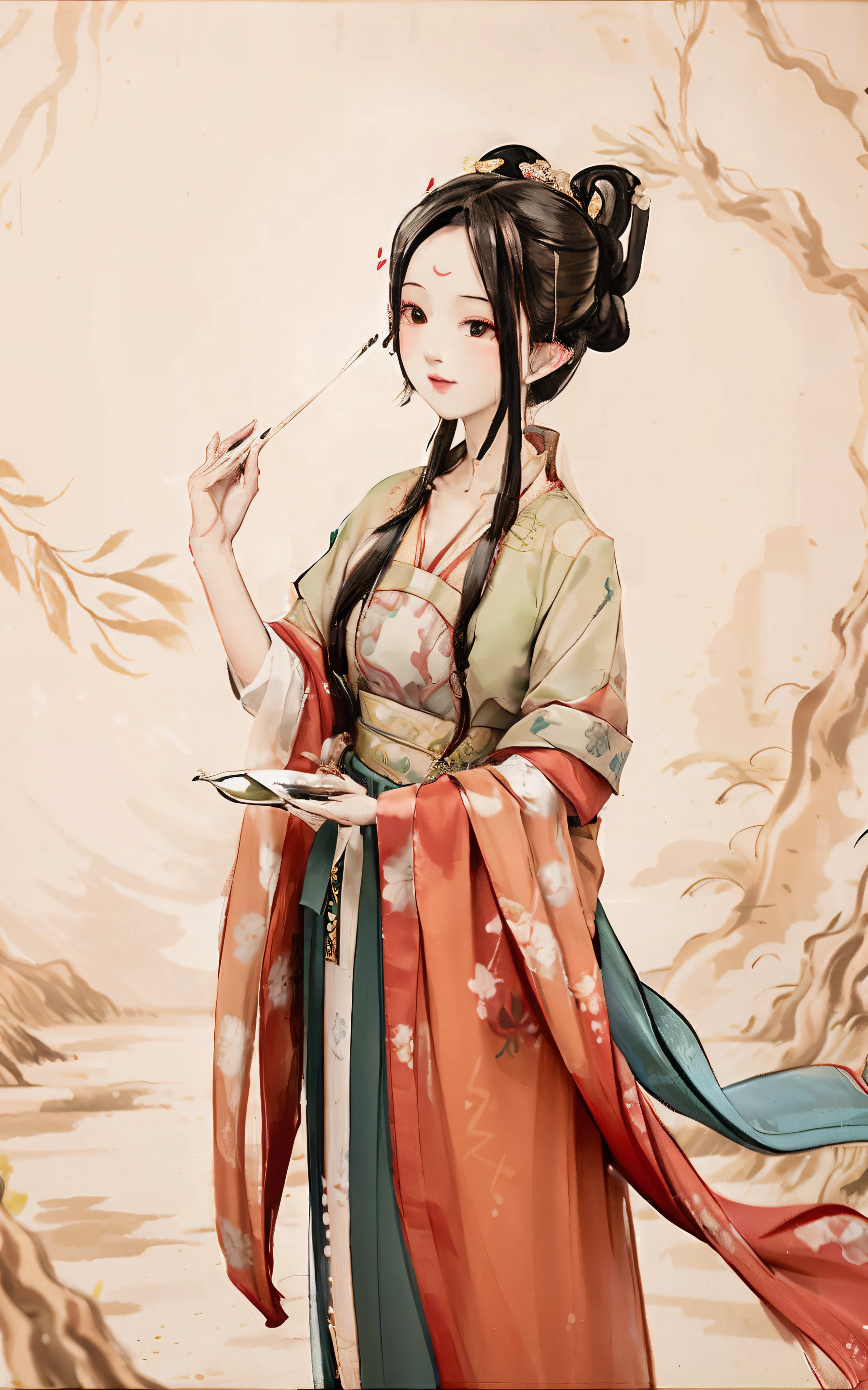 shukezouma, Negative space, , shuimobysim , Portrait of a woman standing , Willow branches, (Masterpiece, Best quality:1.2), Traditional Chinese Ink Painting, ModelShoot style, Peaceful, (Smile), view the viewer, wearing long hanfu, Hanfu, Song, Willow tree in background, wuchangshuo,