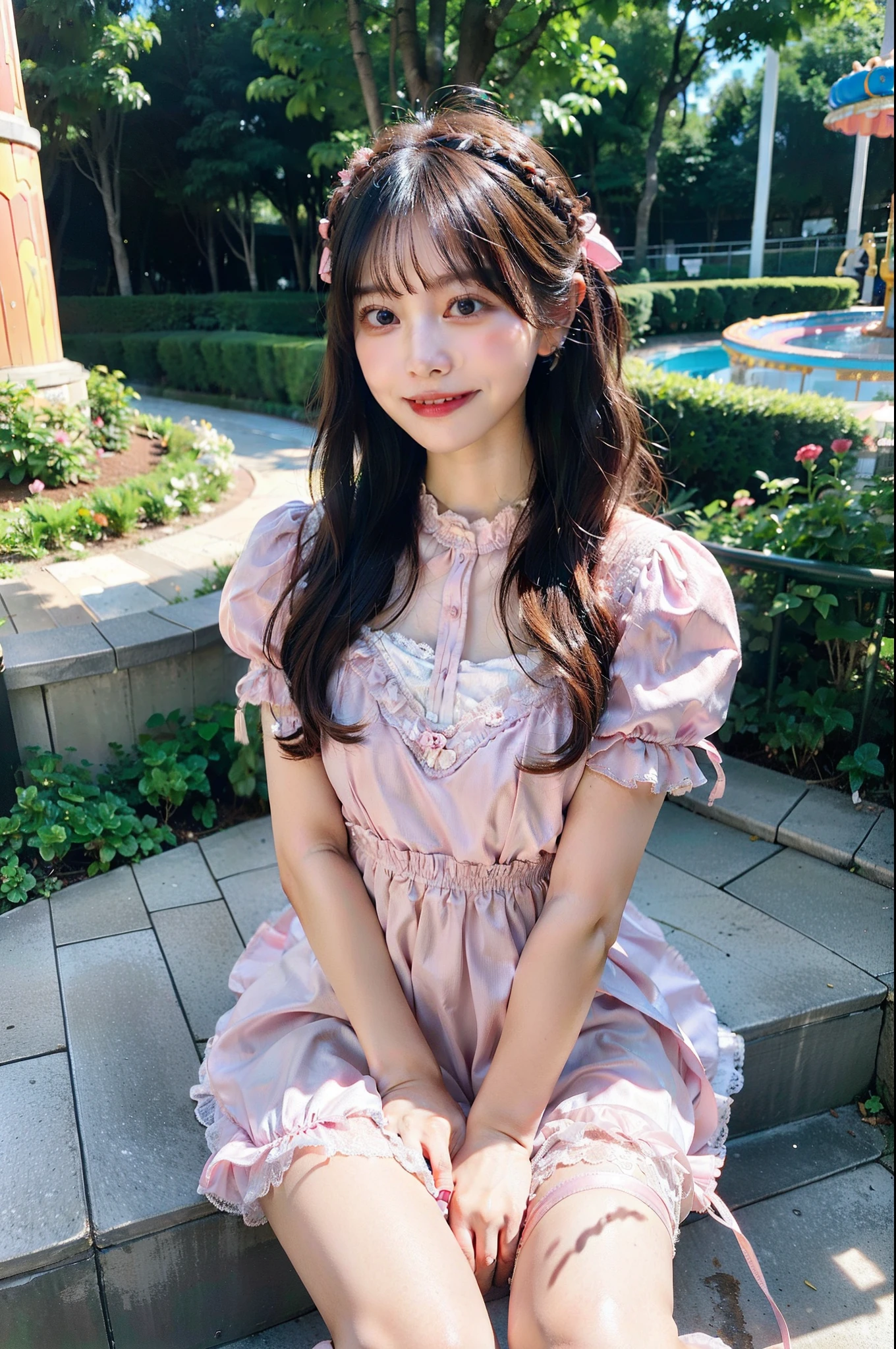 ((masterpiece))、(top-quality)、8K、high detal、ultra-detailliert、 natta、21 year old woman in pink ta dress((dreamy ambiance:1.1))、Seductive and whimsical style、masterpiece、Unripe、Scenes similar to fairy tale illustrations、Intricate details showcasing the ruffles and delicate design of the Loliress、Delicate、dreamy aesthetic、magia、capricious、 Delicate、dreamy aesthetic、「𝓡𝓸𝓶𝓪𝓷𝓽𝓲𝓬、Ethereal、Captivating、Captivating、fickle、Magic」、真实感、VFX、FXAA、TXAA、nffsw、SSAO、Shaders、No noise、Ambient lighting、tonemapping、hight resolution、Ulutra HD、Megapixel、(8K resolution:1.10)、8K、Less in 8K、8K resolution、High Details、intricate detailes、The look of surprise and awe on her face、 (hightquality:1.2、master piece:1.2、:1.21)、(21-year-old female:1.21)、(Laughing excitedly)、(Surrounded by the fantastic atmosphere of an amusement park)、Pink Lolita Des、Her eyes were full of surprise and joy、Filming to many geeks、beauty legs、high-heels、Slimed、A slender、Model body type