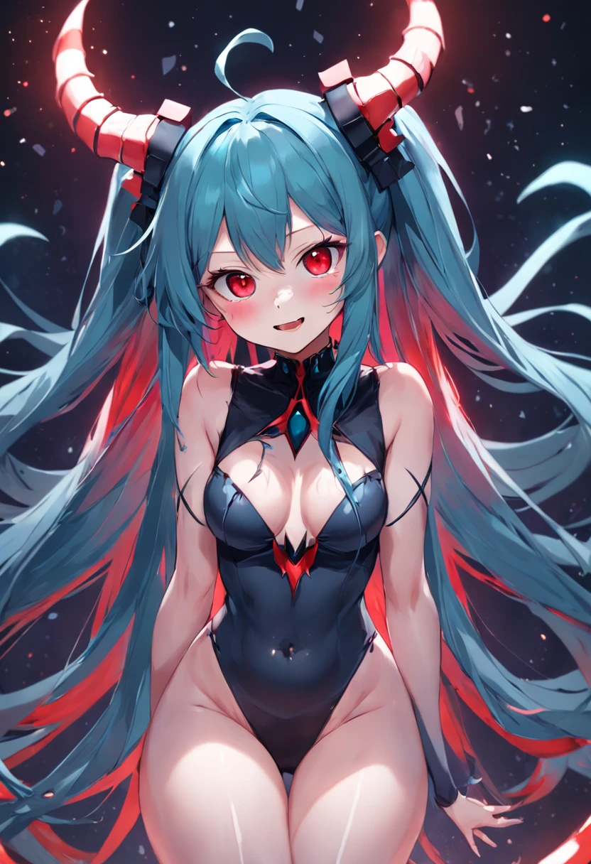 The upper body is Hatsune Miku,The lower body is a large spider,blue hair,Eight red eyes,,{{Best quality}}, {{Masterpiece}}, {{Ultra-detailed}}, {illustration}, {Detailed light}, {An extremely delicate and beautiful}Messy floating hair, Colored inner hair, Starry sky adorns hair, depth of fields,Loli,Largest breasts,The head has three horns,There are five-color lines on the body,Black sclera,Highly detailed, High quality, Masterpiece, Long hair, Execution, teeth, Horror (Theme), Smile, Sharp teeth, Glowing, Dark, Blood, The longest tongue, grin, Glowing eyes, Evil smile,The lower body has only eight spider legs,There are spines in the spine,Stick out your tongue,There are red glowing square gemstones and square sapphires on the chest,The sharpest claws,Eight hands,holding a scythe,Venom is spread throughout the body,red colored skin{meticuloso},There is an eye in the palm of the hand,The spine has raised spines,The arm turned into a snake,There are bone spurs on the tail,Lamia, scutes,Human sharks, maid, Fins, Underwater, full bodyesbian, navel, Original Character, voluminetric lighting, Best shadows, Shallow depth of field, stunningly beautiful girl, Petite, Delicate Beautiful Attractive Face,harpy, feater,