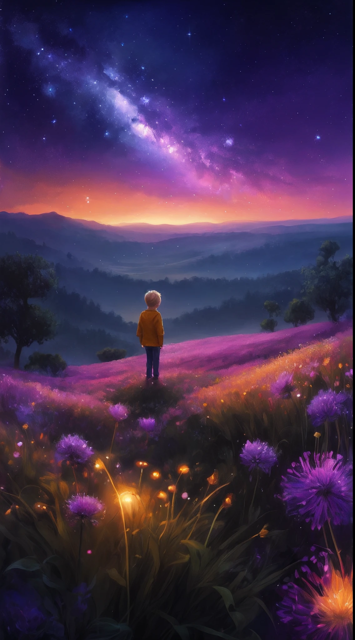 painting of a little blonde boy standing in a field of flowers looking at the stars, lost in a dreamy fairy landscape, beautiful art uhd 4 k, dreamlike digital painting, magical landscape, endless cosmos in the background, whimsical fantasy landscape art, field of flowers at night, standing in a flower field, beautiful digital painting, standing in flower field