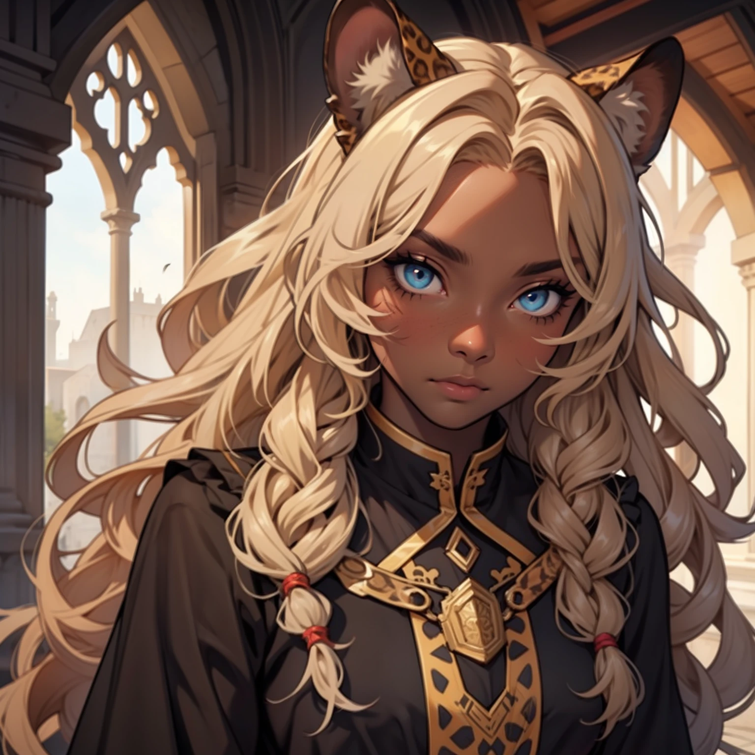 Dark Skin girl. Leopard girl. Blue eyes. Blond hair. Dark skin girl. Medieval art. Curly Hair. Curly Blond Hair. Alone. DARK SKIN. Leopard Ears. ???