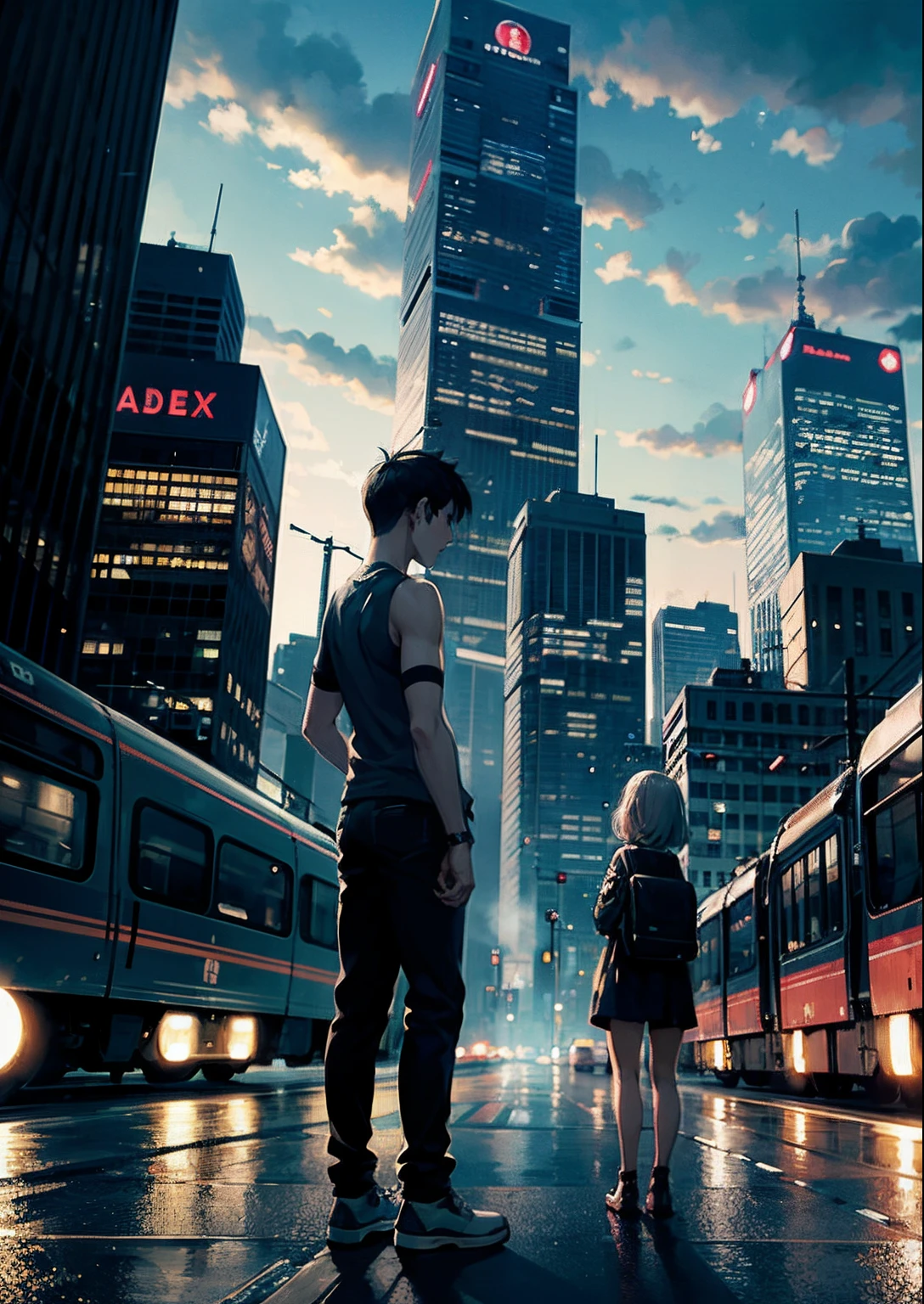 1boy, arms folded、Tank Tops、FULL BODYSHOT、The beginning of the adventure、Very dark sky、Lots of clouds,thick mist、Near the future、dystopian、A group of very tall skyscrapers stands in the center、High brilliant radio tower、Crowded skyscrapers、street signs、streetlights、taxis、Train in the distance、Pretty dim lighting、Dark road、puddles、hightquality、masutepiece,
