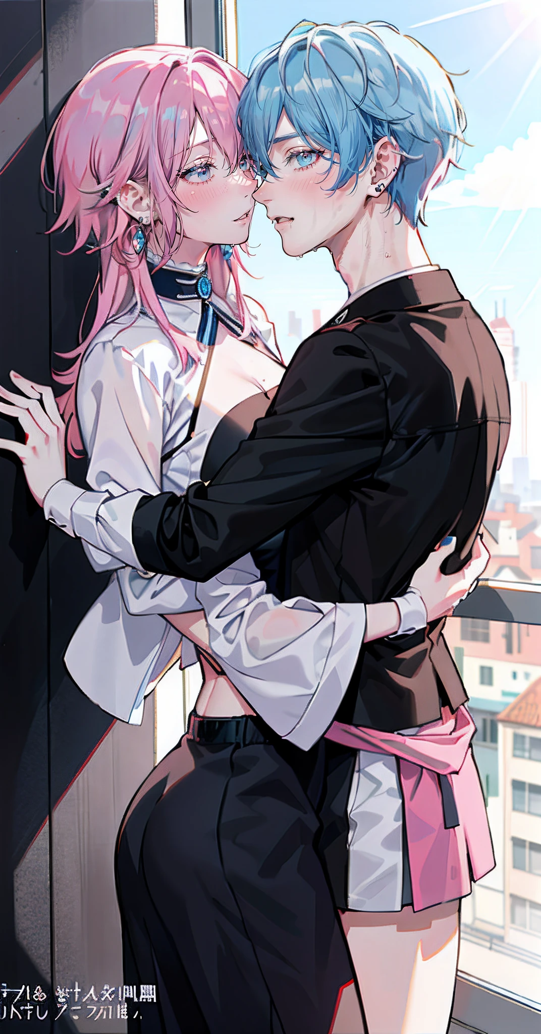 Male and female couples, Idol couple, Idol Photos, Magazine covers, Photos of actors, Professional Photos, Height difference, tall, Happiness, youthfulness, lovey-dovey, Deep kiss, Juice dripping from the mouth, extra detailed face, detailed punk hair, very detailed character, inspired by Sim Sa-jeong, single realistic face, Cai Xukun's, detailed realistic faces, highly detailed realistic face, high detailed face anime, realistic detailed face, Accurate detailed face, attractive androgynous humanoid, Black Casual Idol Costume, ((Man with light blue hair)), ((Woman with pink hair)), ((Woman with long hair below waist)), ((Man with short hair over ears)), ((Pink hair woman with gentle expression)), ((Man with light blue hair with wild expression)), high-level image quality, ​masterpiece, Photographed so that the whole body can be seen, Photographed to make clothes look beautiful, Take your eyes off, ((two individuals)), ((Woman hugging man from behind))