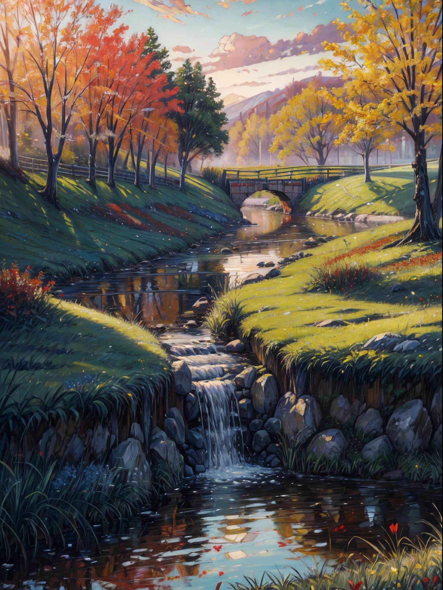 Beautiful ((oil painting:1.2)) a scenery of spring field of red flowers,green grass, small water stream in the field,small bridge over flowers filled, depth of field, digital painting ((tileset)),dusk, ((highly detailed)),