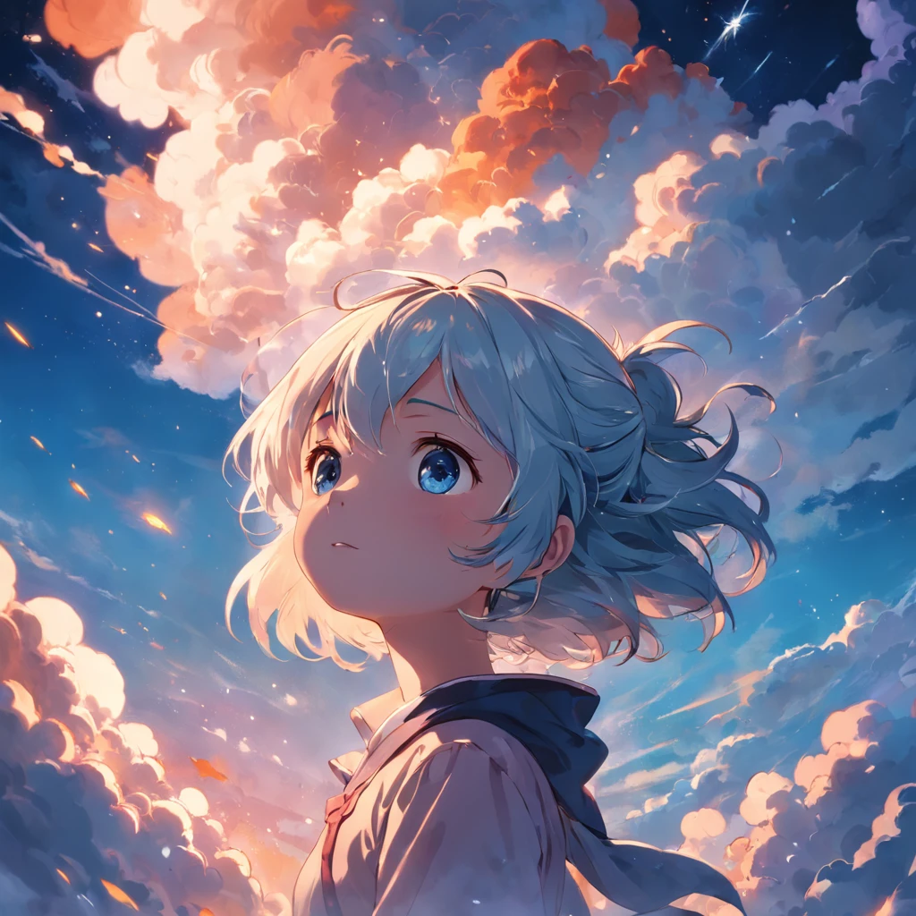 masterpiece, best quality, movie still, 1girl, cloud girl, floating in the sky, close-up, bright, happy, warm soft lighting, sunset, (sparks:0.7)