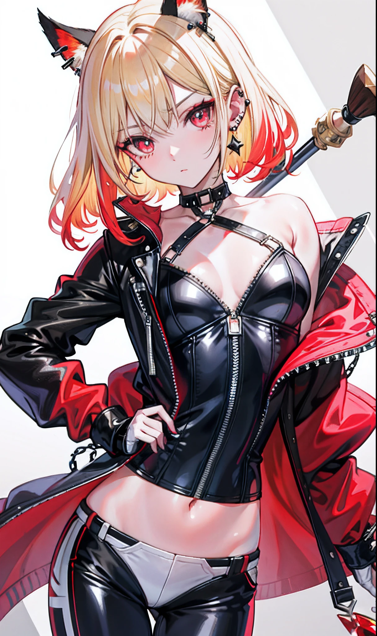 (tmasterpiece,Sideslit,Beautiful eyes:1.2),(tmasterpiece*sportrait),sportrait,busts,(busts),Lifelike,Anatomical correct,3D脸,luscious skin,(Solo),Blonde hair and pickaxe dyeing,Gradient hair,(closeup of face),Lovely face,(Fire opal-like scarlet eyes),Hanging eye corners,((highdetailskin,Visible pores)),(Perfect body),beuaty girl,little breast,((Women's extra short shawl leather jacket)),((bodysuit)),(ear studs),(Neck strap),very short gloves,(chain)