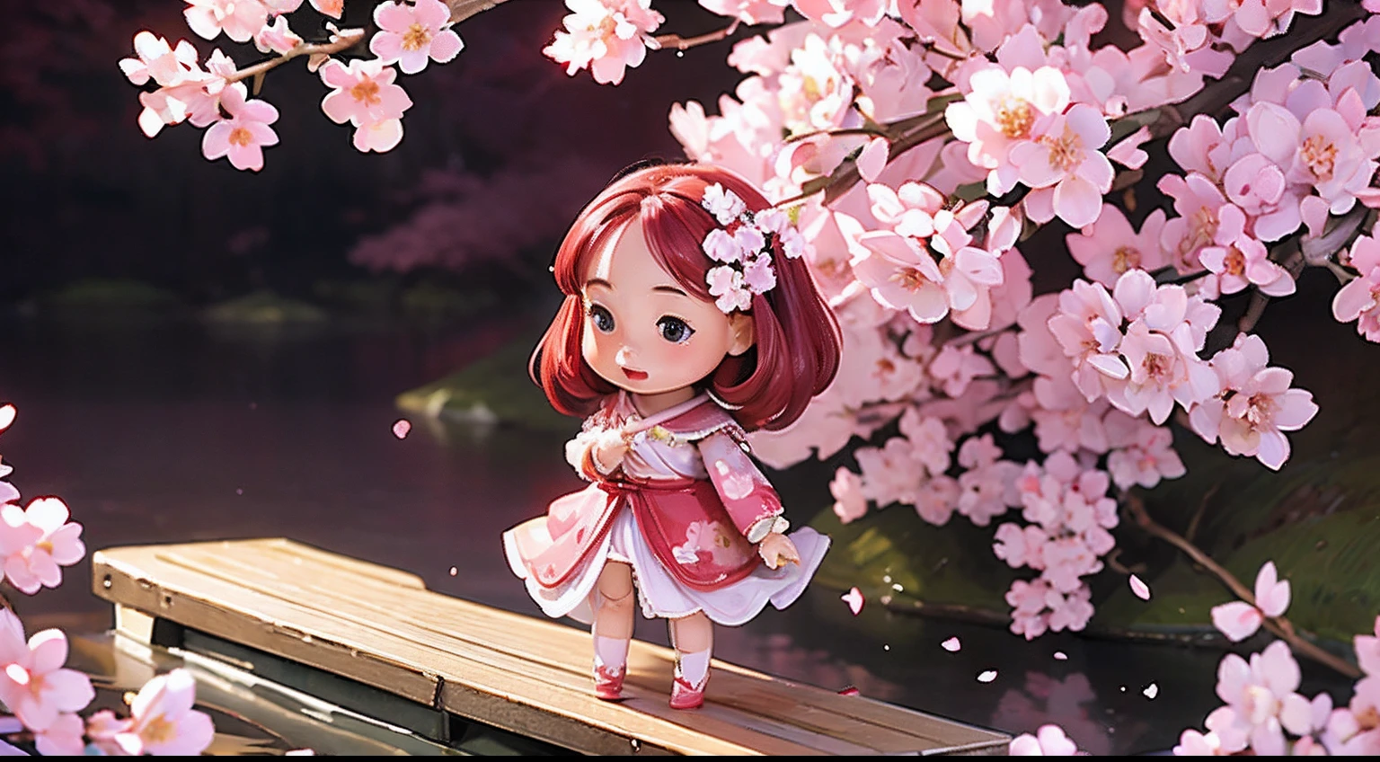 photoRealstic、Doll standing in front of the painting、bionde、Yawning face、Sengai、pixiv、rokoko、dollfie dream、watercolor Nendoroid、(High Definition Figure)、flowing sakura-colored silk、nendroid、bustup、Cherry blossom petals、Flowing cherry blossom silk、season!!: 🌸 ☀ 🍂 ❄