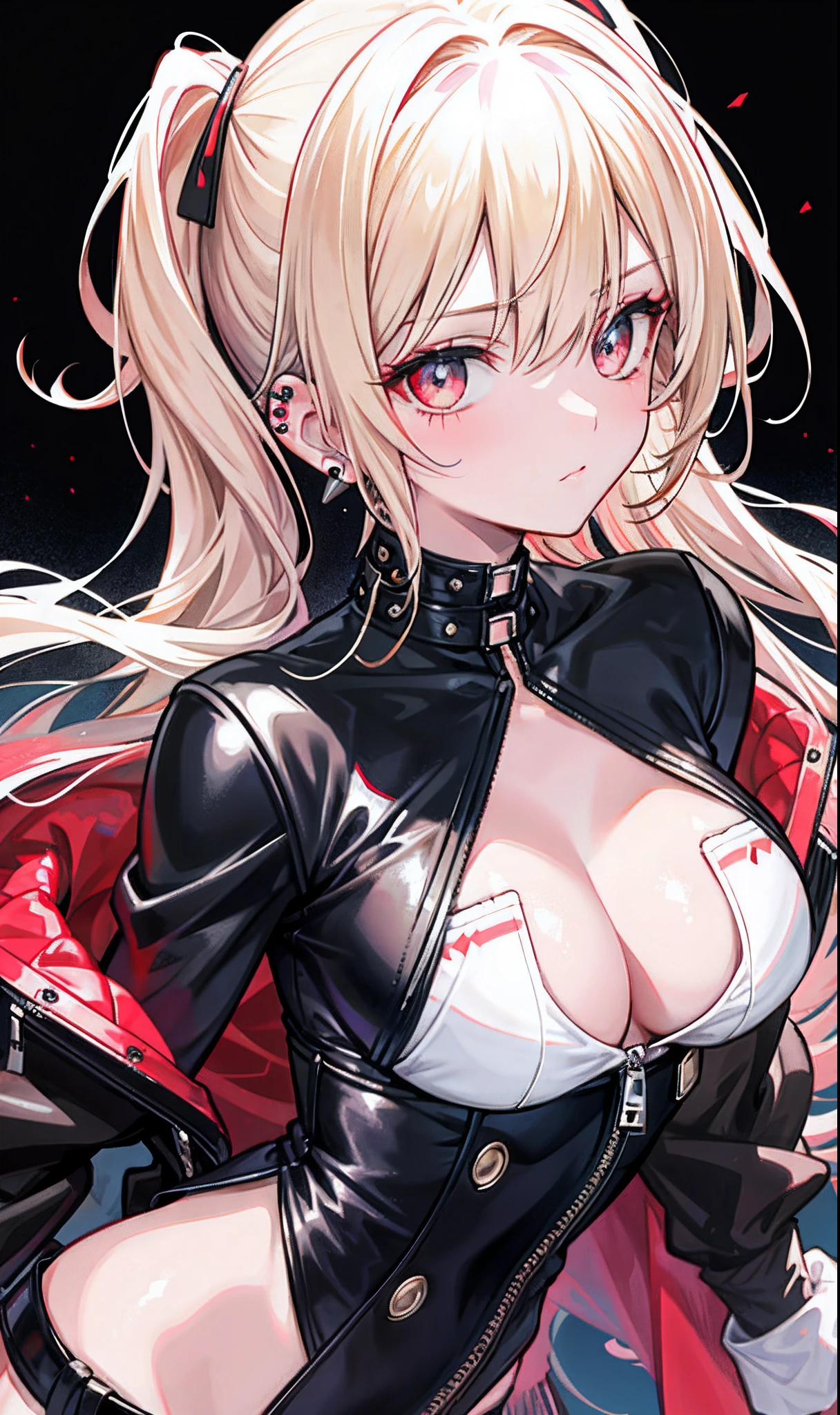 (tmasterpiece,Sideslit,Beautiful eyes:1.2),(tmasterpiece*sportrait),sportrait,busts,(busts),Lifelike,Anatomical correct,3D脸,luscious skin,(Solo),Blonde hair and pickaxe dyeing,Gradient hair,(closeup of face),Lovely face,(Fire opal-like scarlet eyes),Hanging eye corners,((highdetailskin,Visible pores)),(Perfect body),beuaty girl,little breast,((Women's extra short shawl leather jacket)),((bodysuit)),(ear studs),(Neck strap),very short gloves,(chain)