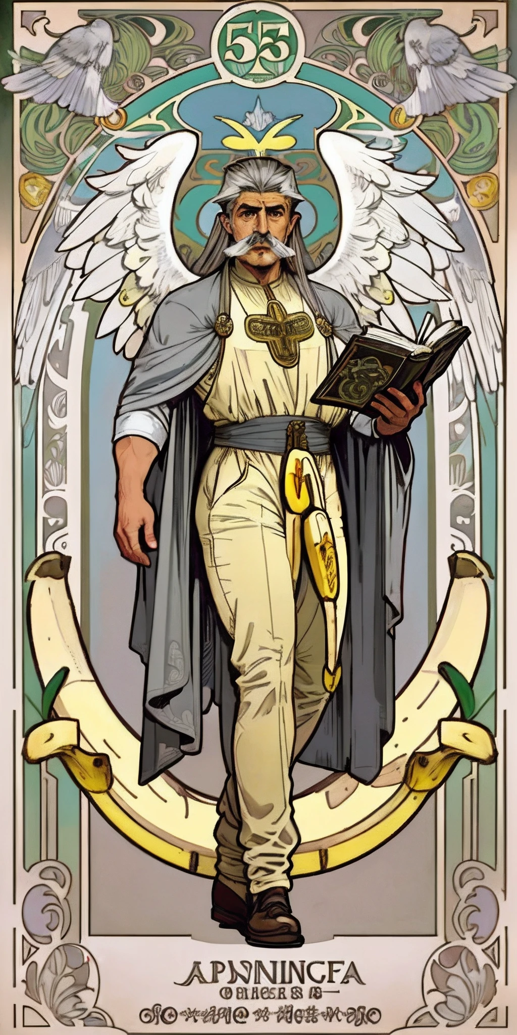 (1 Male angel holding a thick book in left hand), ((large wings)), 55 years old, Gray mustache, ((tying long gray hair back)), (The Art of Alphonse Mucha),
(((Banana motif on background))), ((Best Quality, tmasterpiece)), Extreme detailing, 8K