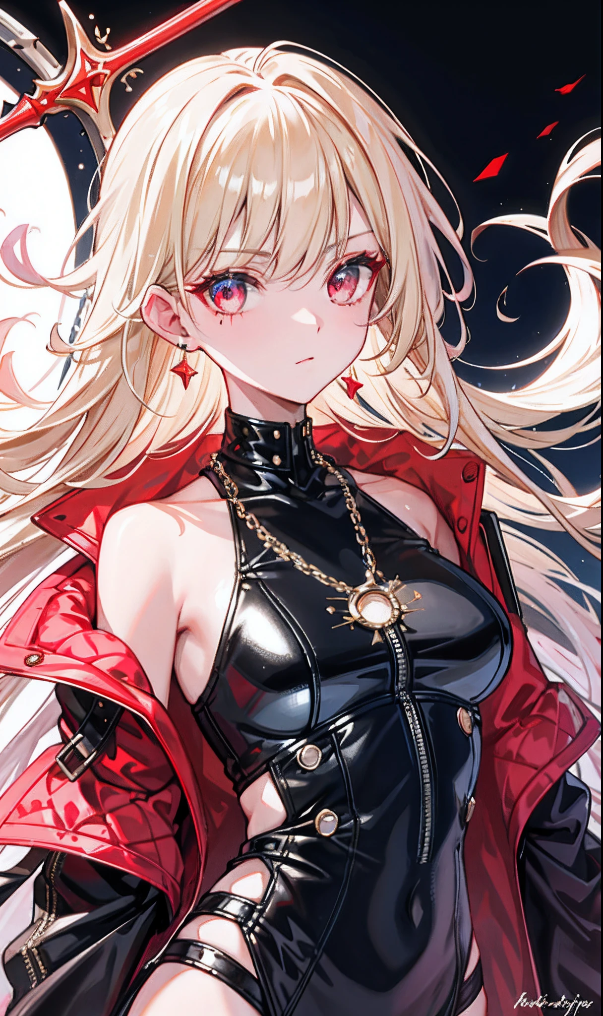 Beautiful girl, (platinum hair), ((very long curly hair)), face perfect, innocent smirk, trunk,(cerulean eyes), (yan), (mic), (slim), ((flat-chested)), ((21 years old)), skin denture, extreme detail, red t shirt, charming oval face, Red lips, Pink, shining skin, detailed hair, Facial Focus, Close-up chest, gold decorative necklace, gold earrings, ((1 girl)), Embarrassed expression, full torso view, torso overview