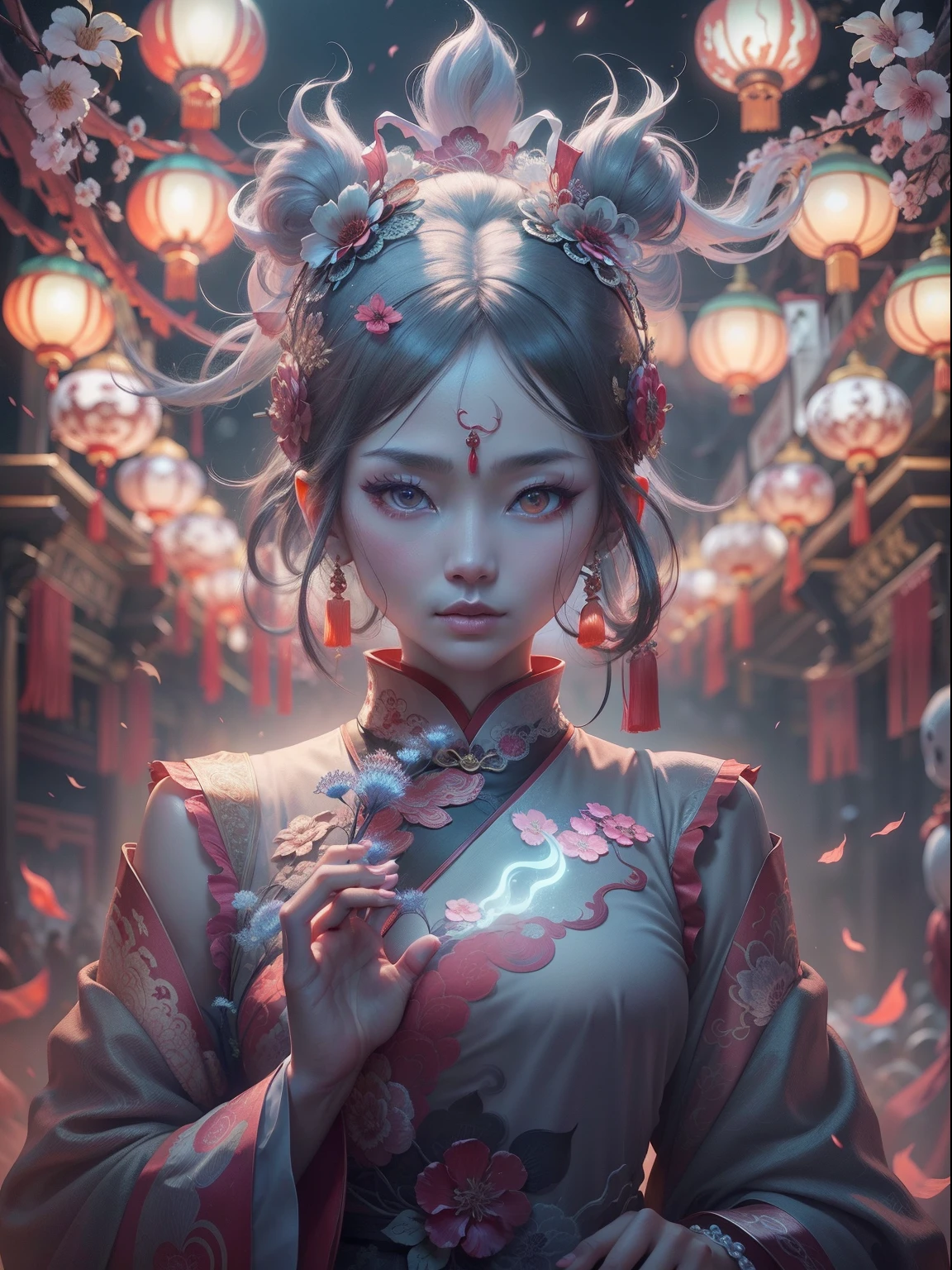 Masterpiece, otherworldly beauty, Surreal, Chinese Ghost Festival,Middle Metaverse,The mysterious aura of ghosts, 8K high resolution, smooth, Sharp focus, illustration, 64k, Ultra detailed, ultra-precise detail, bokeh lighting, Intricate, Epic