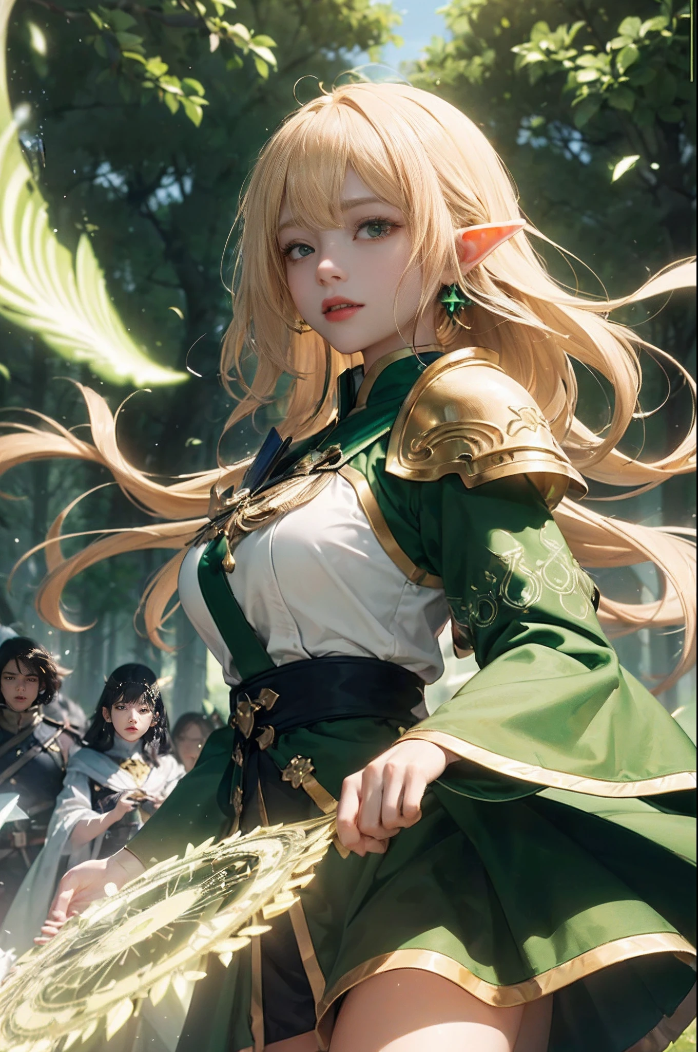 (((masutepiece、top-quality、high-detail、High and fine、8K、rialistic photo、Perfect litthing、Award-winning、Fantasia)))、1 persons、(((Elf Women)))、(Detailed face), (beautidful eyes), (Rin々Shishi Face)、(Ultra-fine white short skirt with gold embroidery)、(Blonde long straight hair)、(glowing dark green eyes)、(Ultra-fine green cloak armor with golden embroidery)、(Golden embroidered green gauntlet)、Colossal tits、(full body Esbian)、Perfect Anatomy、(heavy wind)、((Close your eyes and chant))、(A lot of glowing grains are flying)、(((A whirlpool of wind gathers in the hand)))、(((Overhead circle of light with geometric pattern and letters drawn in light)))、((Lots of glowing green arrows are emitted))、the woods、Fight the army of demons
