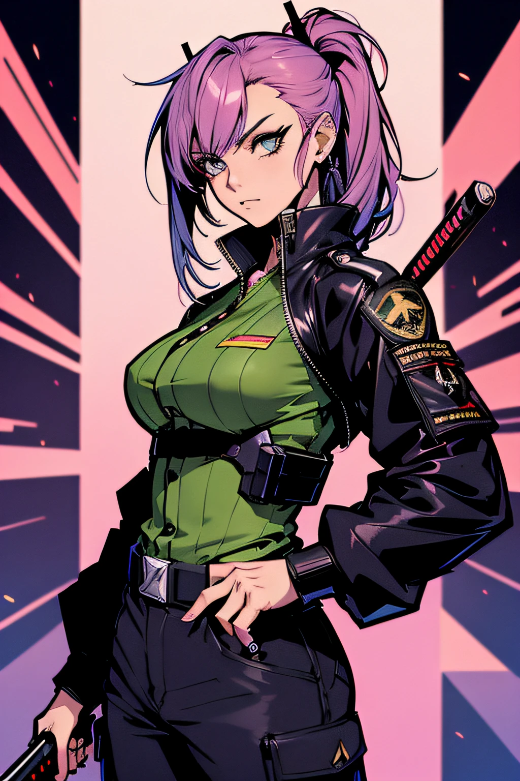 dynamicposes、(comic book style),(Manga),(linear art_Anime),(masutepiece_Best Quality),(flat-colors_PastelColors),(Cowboy Shot_Upper body),Beautiful fece, (masterpiece:1.2), (top-quality:1.2), perfect eyes, face perfect, Perfect litthing, girl with、(Military jacket_Military pants),Cyber City、the complex background、cyberpunked、(Lola:add more details:1.2),(Lola:Bad image:0.8),
urbansamurai_v0.3,
holding weapon_katanas
