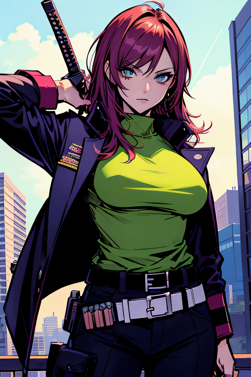 dynamicposes、(comic book style),(Manga),(linear art_Anime),(masutepiece_Best Quality),(flat-colors_PastelColors),(Cowboy Shot_Upper body),Beautiful fece, (masterpiece:1.2), (top-quality:1.2), perfect eyes, face perfect, Perfect litthing, girl with、(Military jacket_Military pants),Cyber City、the complex background、cyberpunked、(Lola:add more details:1.2),(Lola:Bad image:0.8),
urbansamurai_v0.3,
holding weapon_katanas