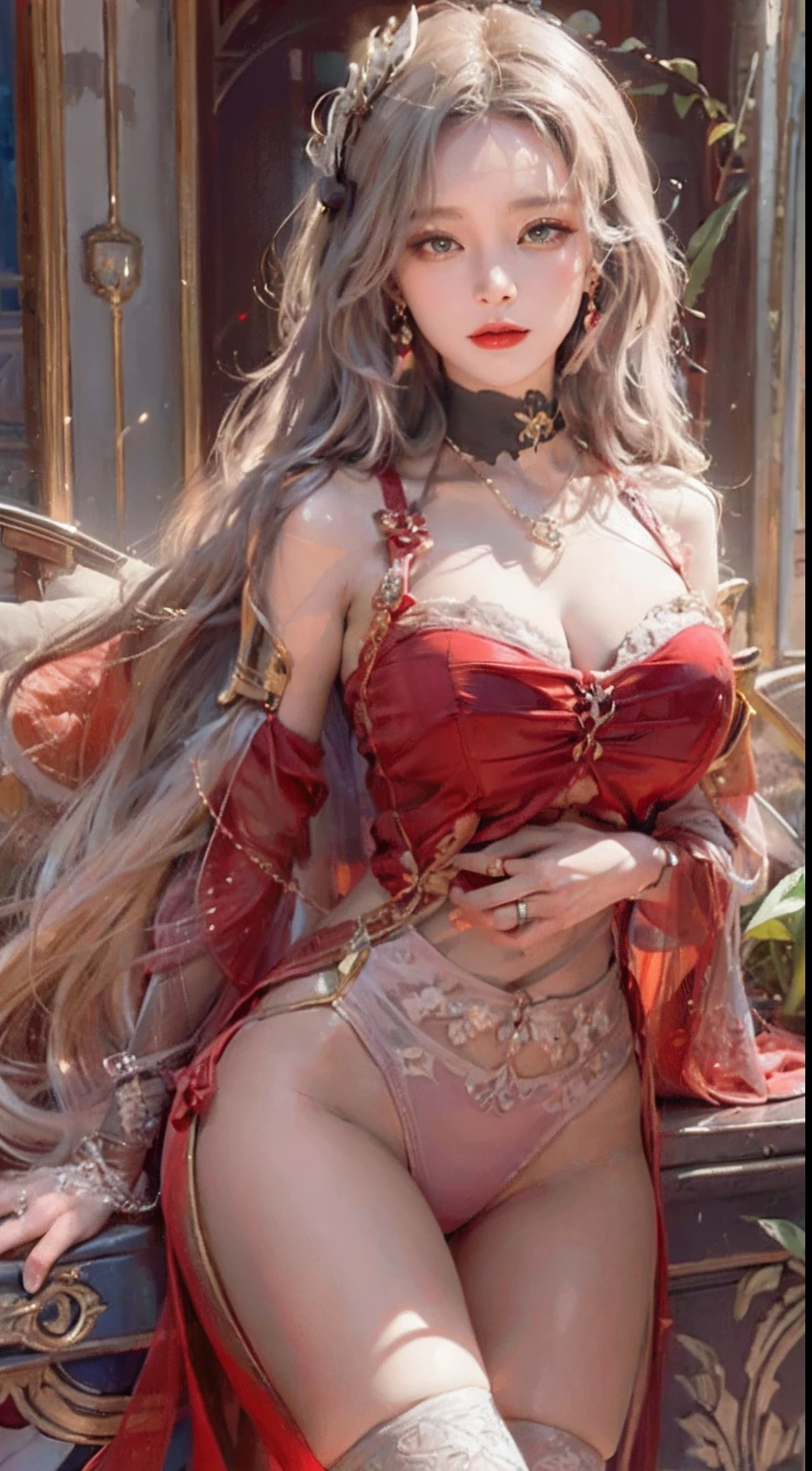 Ultra realistic 8K CG, Picture-perfect face, flawless, clean, masutepiece, Professional artwork, famousartwork, Cinematic lighting, Cinematic bloom, Perfect face,(年轻:1.2)(Voluptuous),((20yr old)), Beautiful face, Beautiful eyes,(:1.1), (((Perfect female body, Narrow waist))), young princess, royal, divine, Goddess, godlike, (the royal palace), Fantasy, Dreams, Unreal, Science fiction, (Normal breasts:1.2), Beautiful clothes, Lace, Lace trim, Lace-trimmed legwear, NSFW,, absurdly long hair, Very long hair, (Rich:1.4), Necklace, earrings, Bracelet, armlet, Looking at Viewer,(thong:1), (There are up to 5 fingers on the hand), (Red Lip), shenhe \(GenshinImpact\)