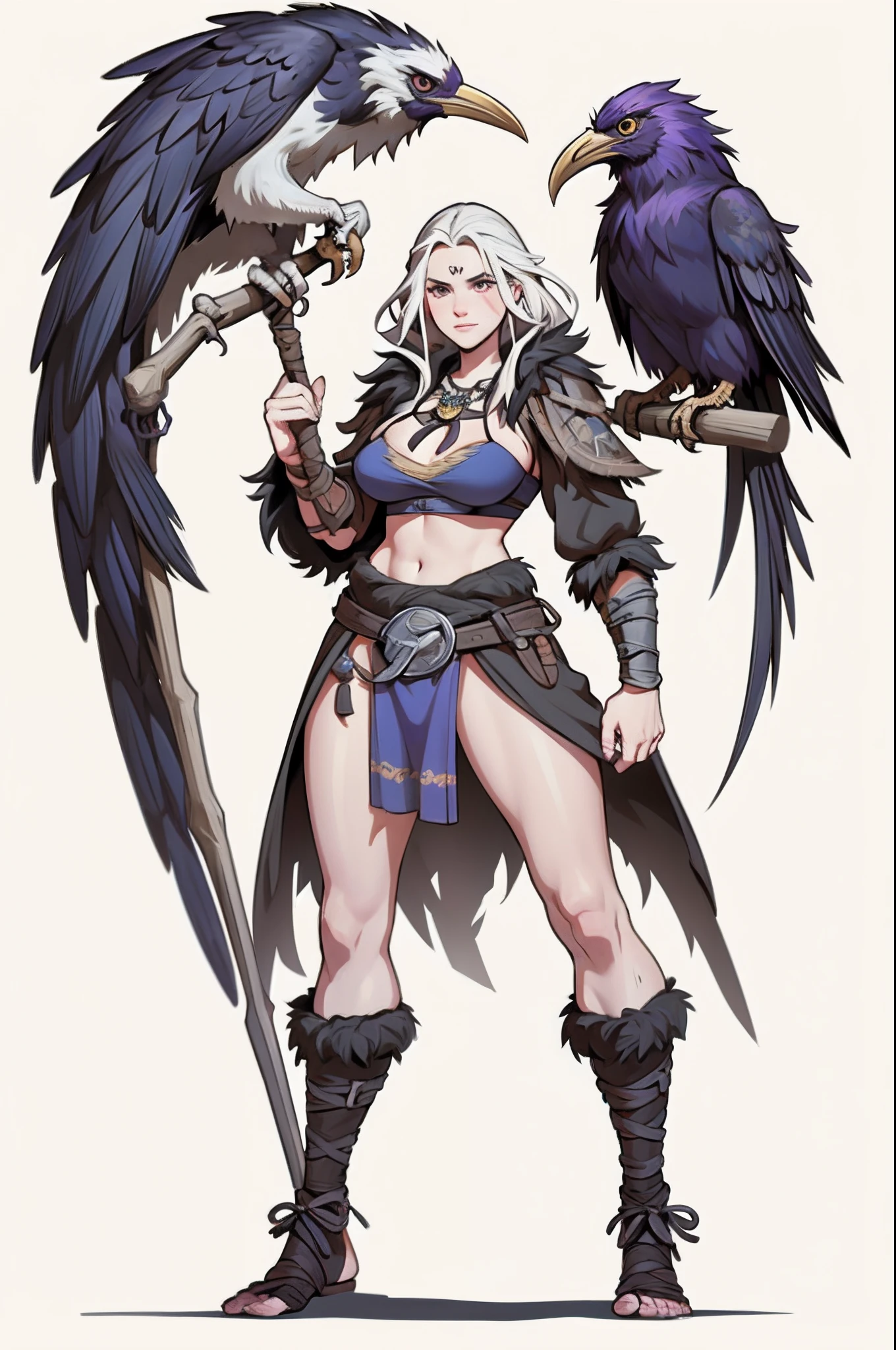 1个Giant Breast Girl(the witcher)、Outfit in black、cawing ravens、独奏,full bodyesbian,European and American cartoon design,Primitive tribal elements,standing on your feet,white backgrounid,Magical fantasy design,character concept design,Beautiful face and eyes,tmasterpiece,best qualtiy,Best resolution,high definition detail