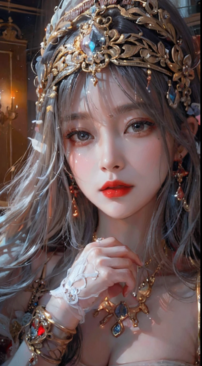 Ultra realistic 8K CG, Picture-perfect face, flawless, clean, masutepiece, Professional artwork, famousartwork, Cinematic lighting, Cinematic bloom, Perfect face,(年轻:1.2)(Voluptuous),((20yr old)), Beautiful face, Beautiful eyes,(:1.1), (((Perfect female body, Narrow waist))), young princess, royal, divine, Goddess, godlike, (the royal palace), Fantasy, Dreams, Unreal, Science fiction, (Normal breasts:1.2), Beautiful clothes, Lace, Lace trim, Lace-trimmed legwear, NSFW,, absurdly long hair, Very long hair, (Rich:1.4), Necklace, earrings, Bracelet, armlet, Looking at Viewer,(thong:1), (There are up to 5 fingers on the hand), (Red Lip), shenhe \(GenshinImpact\)