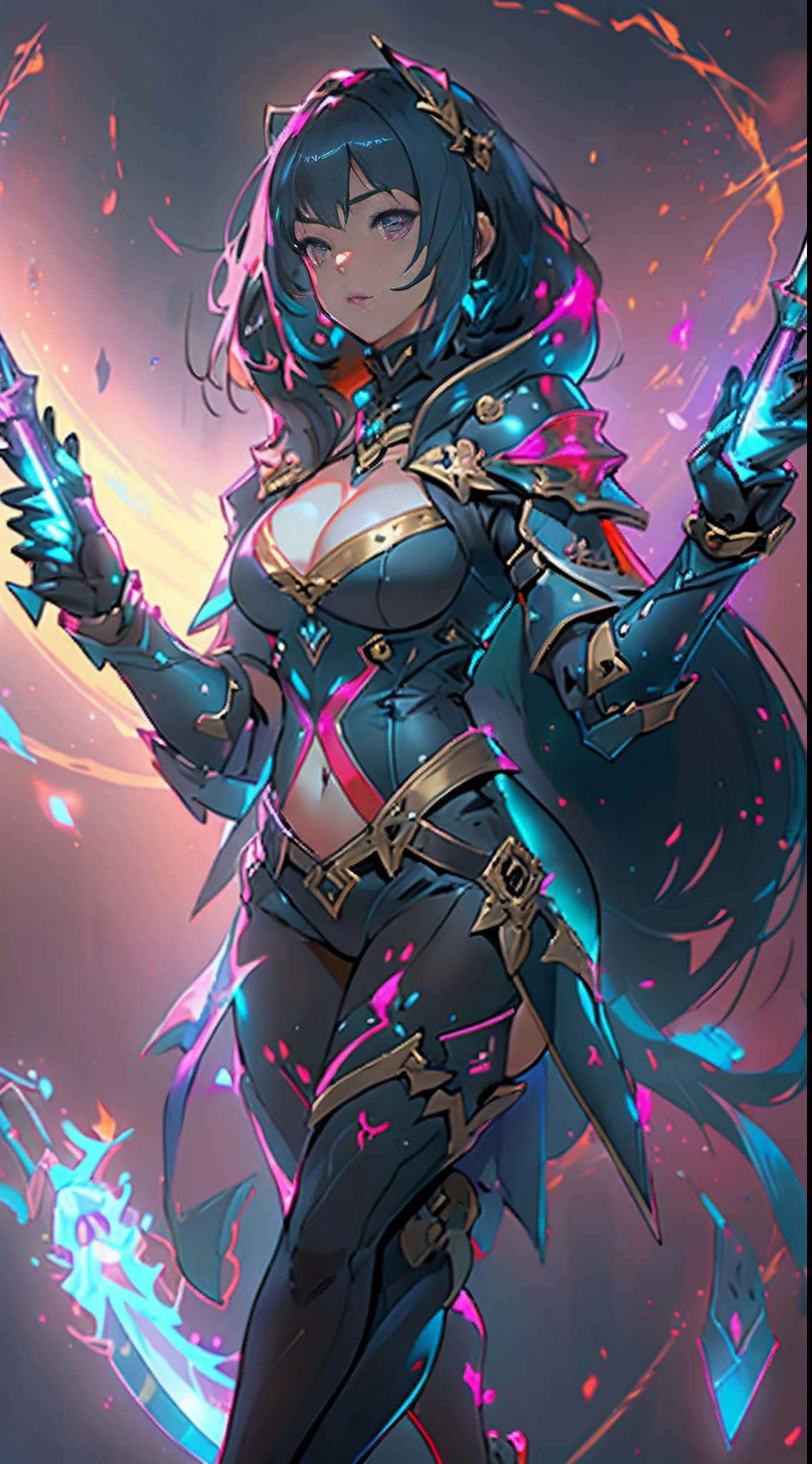 Design a layout showcase Gaming character, ((1girl)), assasin:1.4, Golden+Purple clothes, (big_boobs, big_ass), Black_Desert_style, stylish and unique, ((showcase weapon:1.4)), magic staff, (masterpiece:1.2), (best quality), 4k, ultra-detailed, (Step by step design, layout art:1.5), (luminous lighting, atmospheric lighting), Final Fantasy style, magican, ((glove full hands)), fran, viera, (((revealing clothes:1.3))), vambraces, armored legwear, (((full_body_shot:1.4))), Niji, back_view, T_pose, levitating, hovering