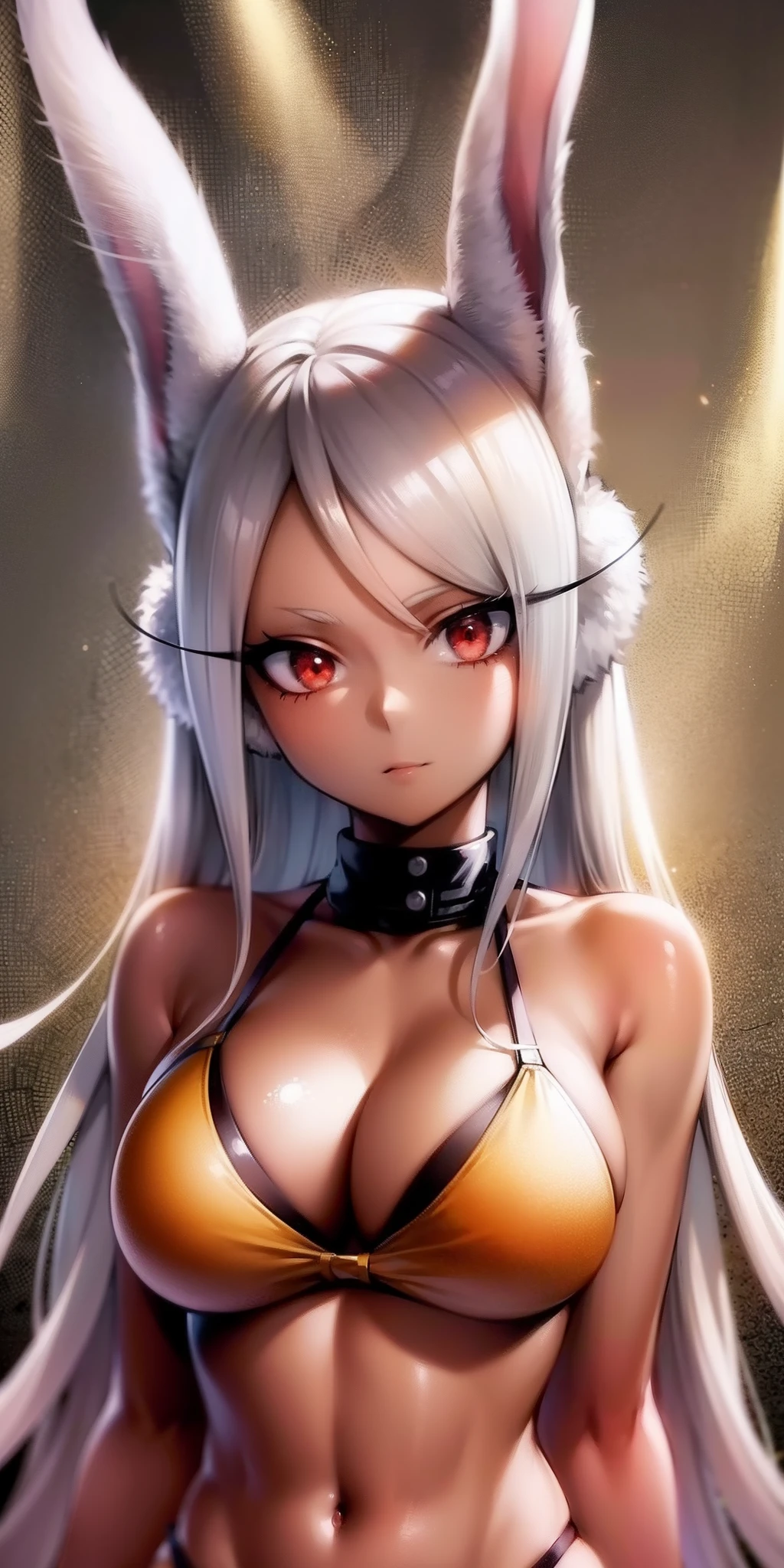 scan, (extremely detailed CG unity 8k wallpaper:1.1), highres, ambient light, (1girl), mirkomha, boku no hero academia, rabbit ears, ((dark skin)), red eyes, (white hair, long hair), large breasts, bikini