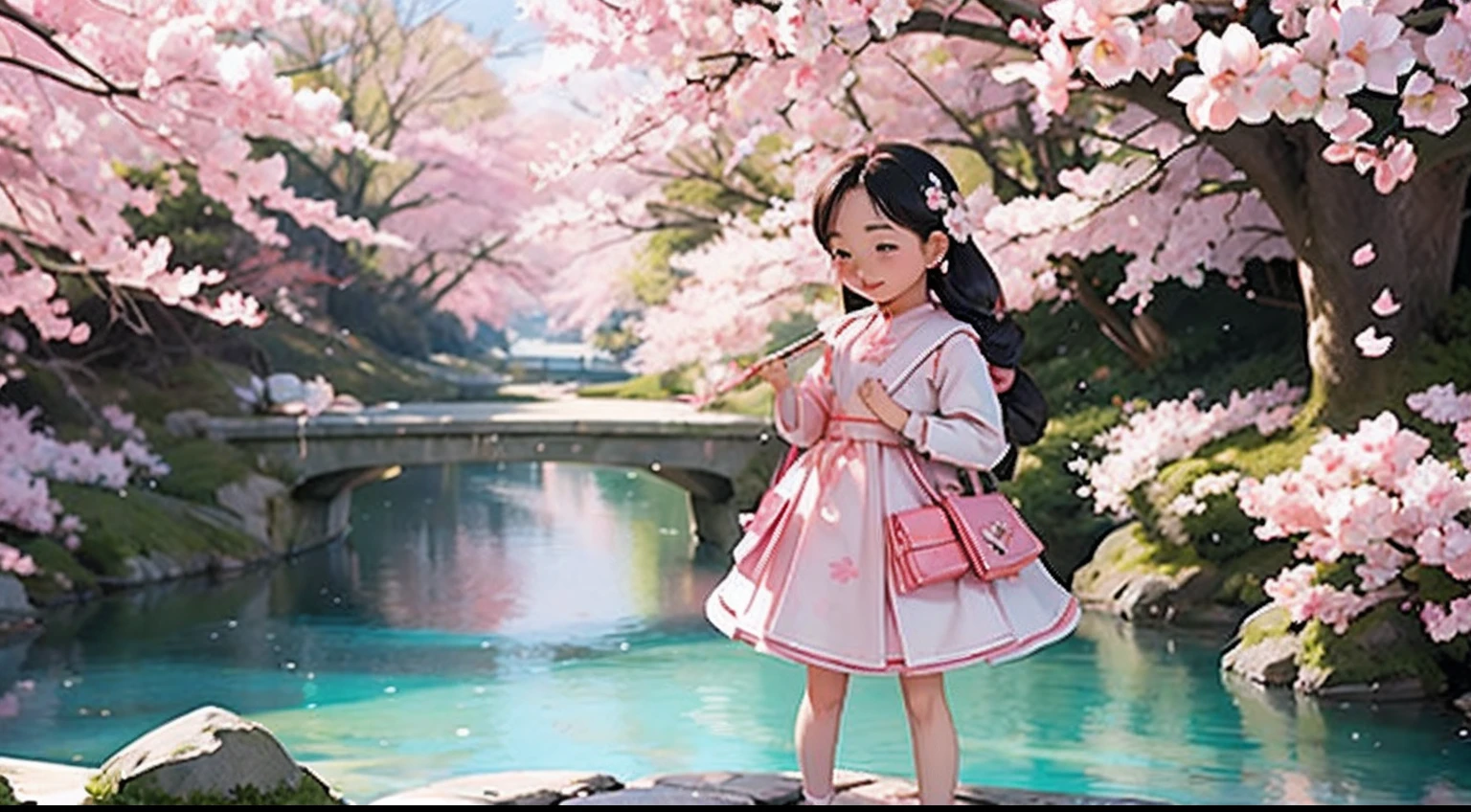 photoRealstic、Doll standing in front of the painting、bionde、Face crying while laughing、Tears on the cheeks、closing eye、Sengai、pixiv、rokoko、dollfie dream、watercolor Nendoroid、(High Definition Figure)、flowing sakura-colored silk、nendroid、bustup、Cherry blossom petals、Flowing cherry blossom silk、season!!: 🌸 ☀ 🍂 ❄