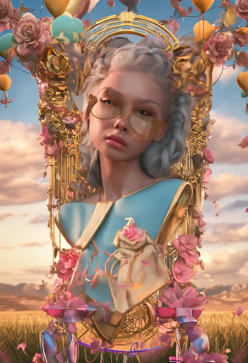 a beauty girl，The upper part of the body，With gold-rimmed glasses，with a round face，Tied up with hair，adolable，sprout，Three-dimensional style