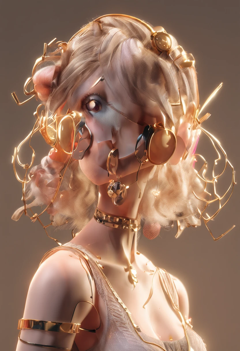 a beauty girl，The upper part of the body，With gold-rimmed glasses，with a round face，Tied up with hair，adolable，sprout，Three-dimensional style