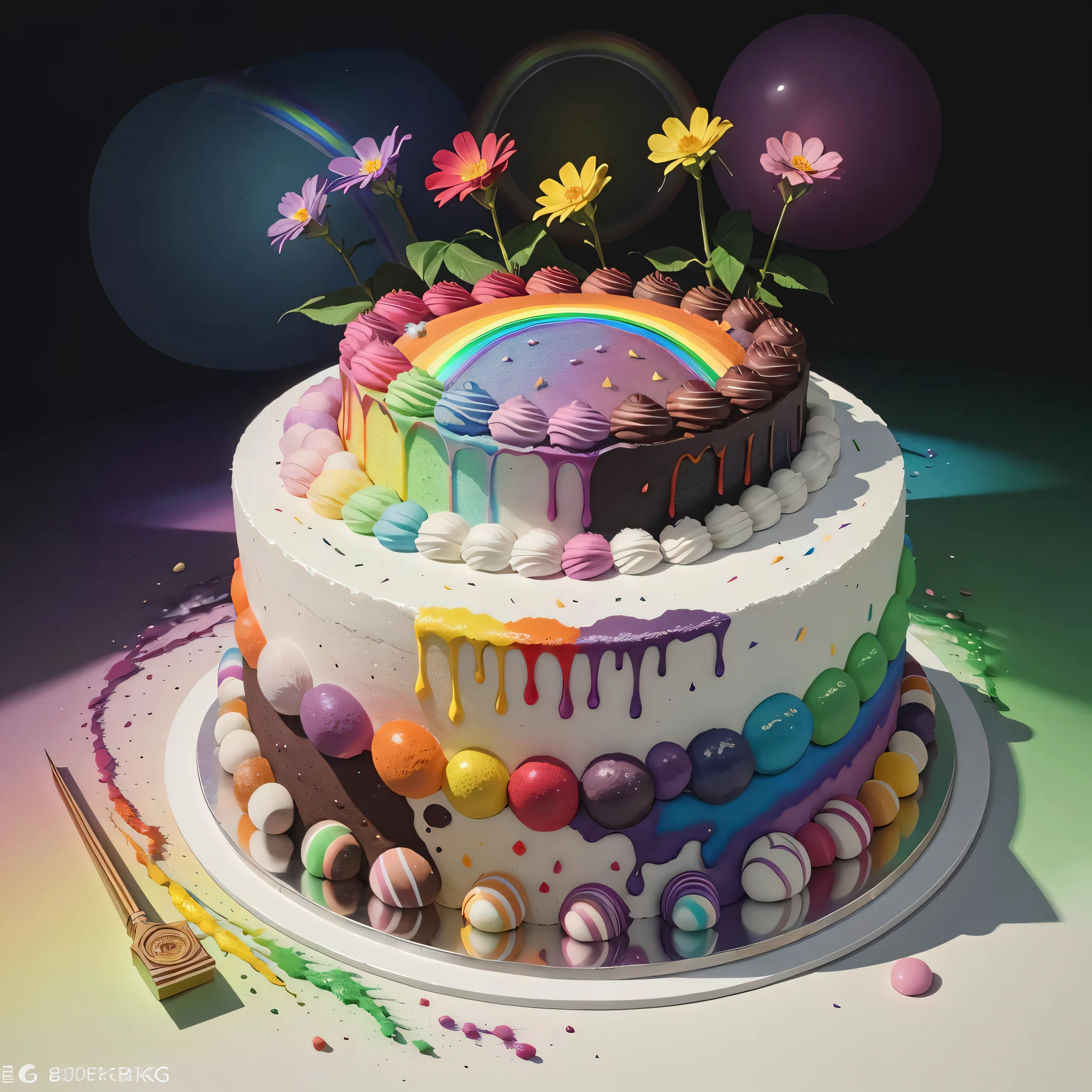 a very beautiful rainbow cake, white cake, (rainbow:1.6), colorful gay cake, ultra realistic 8k cg, epic, ((rich, prestige)), perfect artwork, masterpiece rainbowing,(color grading:1.5) empty background, chocolate, clean, round, perfect cake, center frame, hasselblad photography, bright colorful, global illumination, ray traced, raytracing, the best cake ever made, creative, art, in the background very dark black abyss, galaxy, stars, flowers, universe, convergence