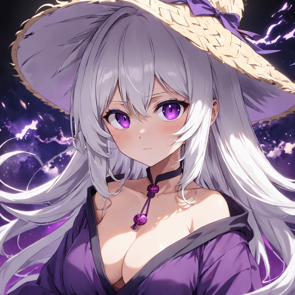 White hair，Purple robe，Purple pupils，Straw Hat Hat，Dark background,，Tsundere，anime big breast