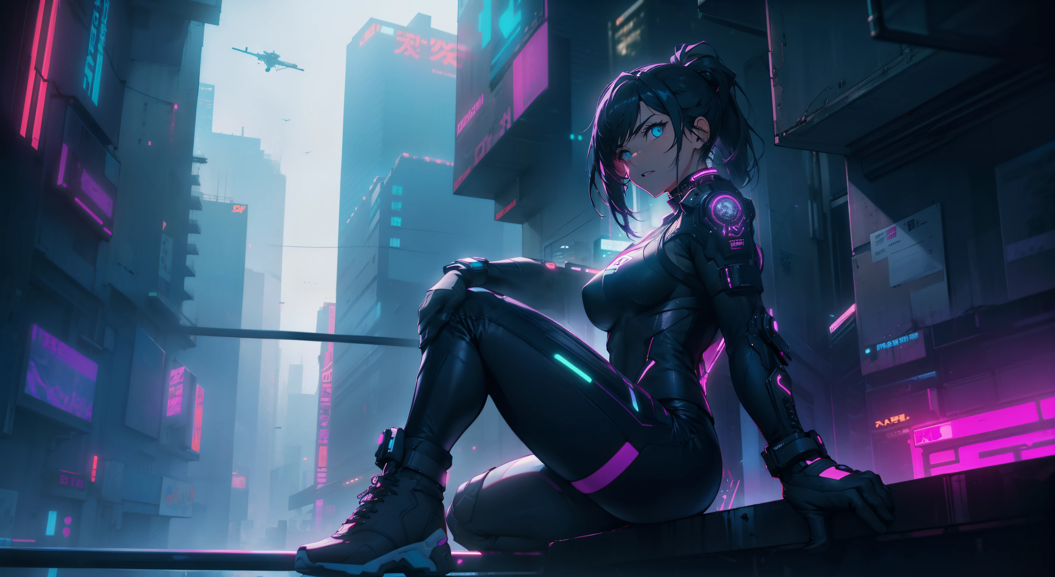 Gloomy cyberpunk city with neon lights spreading in a valley of skyscrapers。On the windowsill of a glazed apartment、One girl sits in gym、Deep loneliness drifts in the air。Her lonely gaze、Resonate with the viewer。
