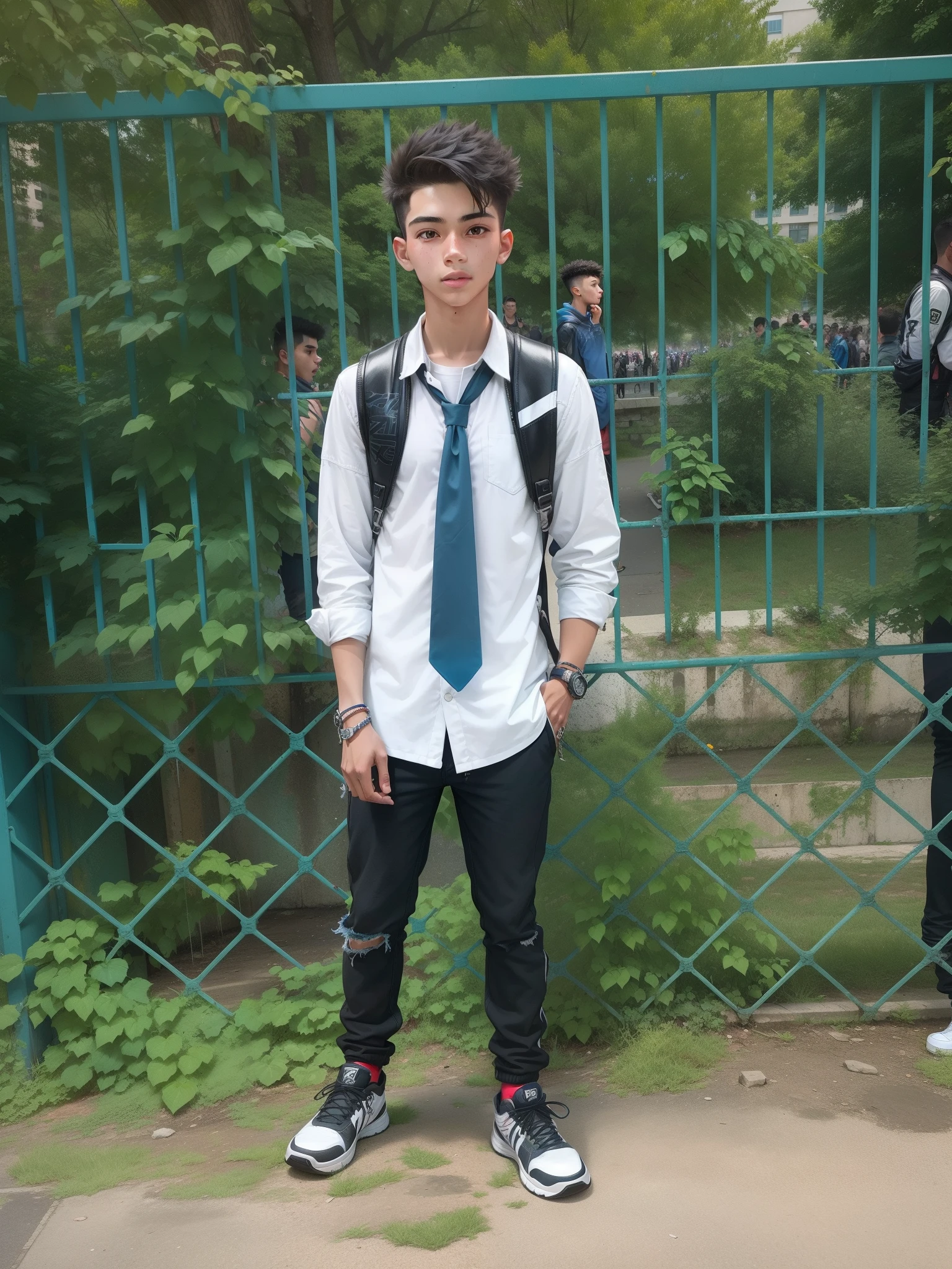 "18-year-old boy with a confident and adventurous look, wearing a stylish outfit, exploring a vibrant urban landscape with graffiti art, surrounded by a group of friends, capturing the essence of youthful energy and camaraderie"