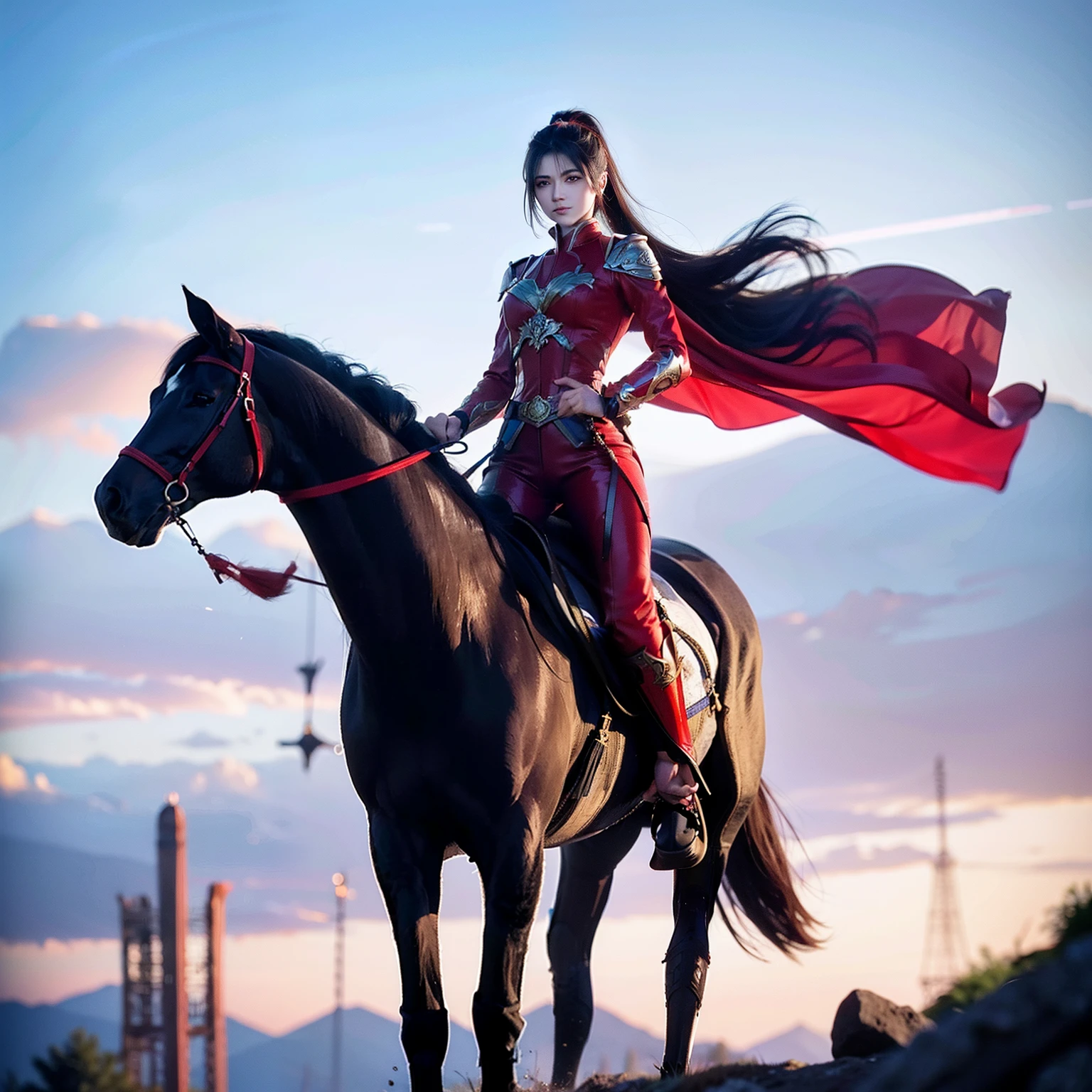 A woman in a red power suit,With a high ponytail,Crotch blue-maned horse,A long sword with a red sheath hangs diagonally from his waist,Beautiful eyes like electricity,Heroic and awe-inspiring
