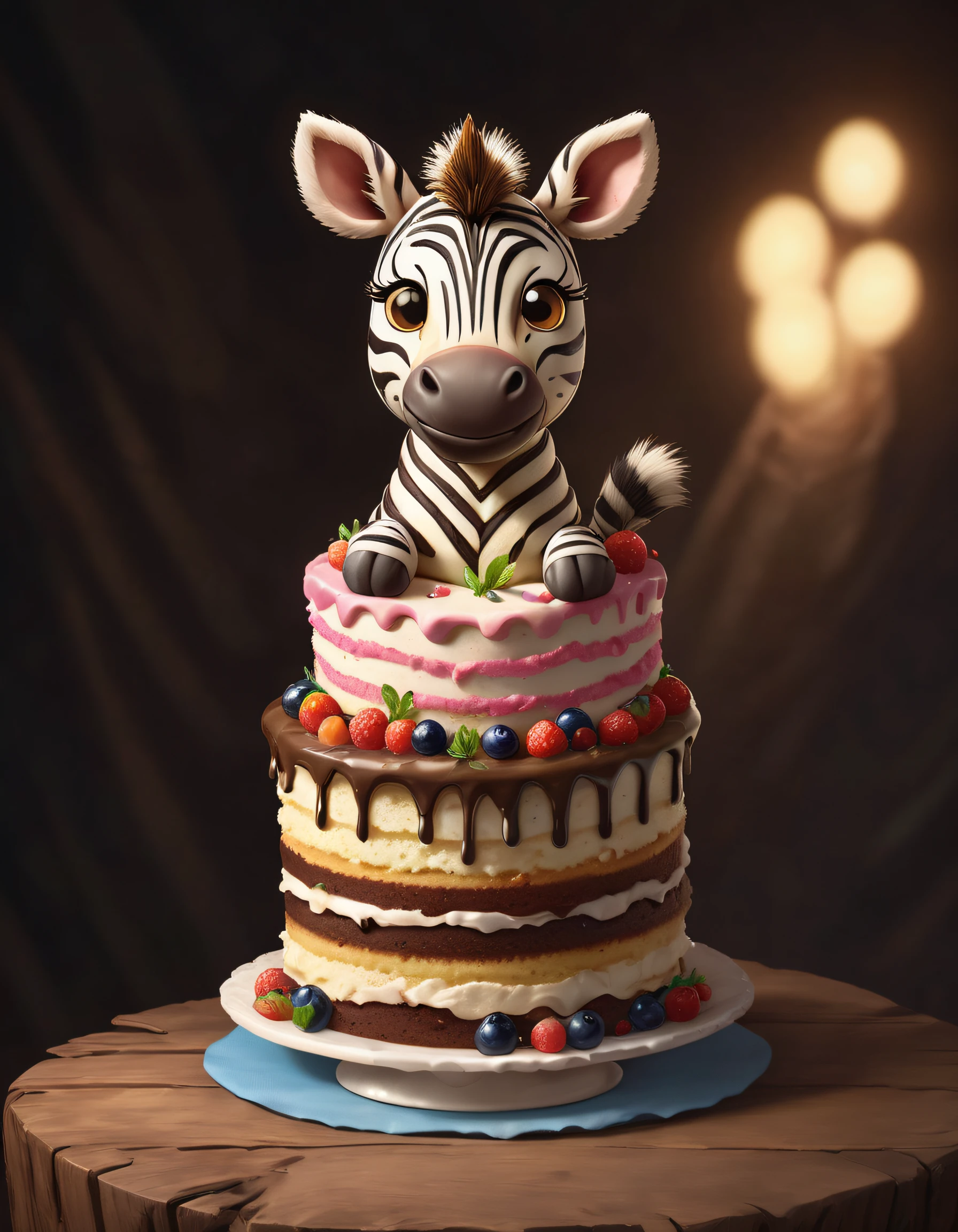 Foodpets   very cute appealing anthropomorphic birthday cake zebra, looking at the viewer, macro, cinematic lighting, fantasy art, dynamic composition, epic realistic, award winning illustration