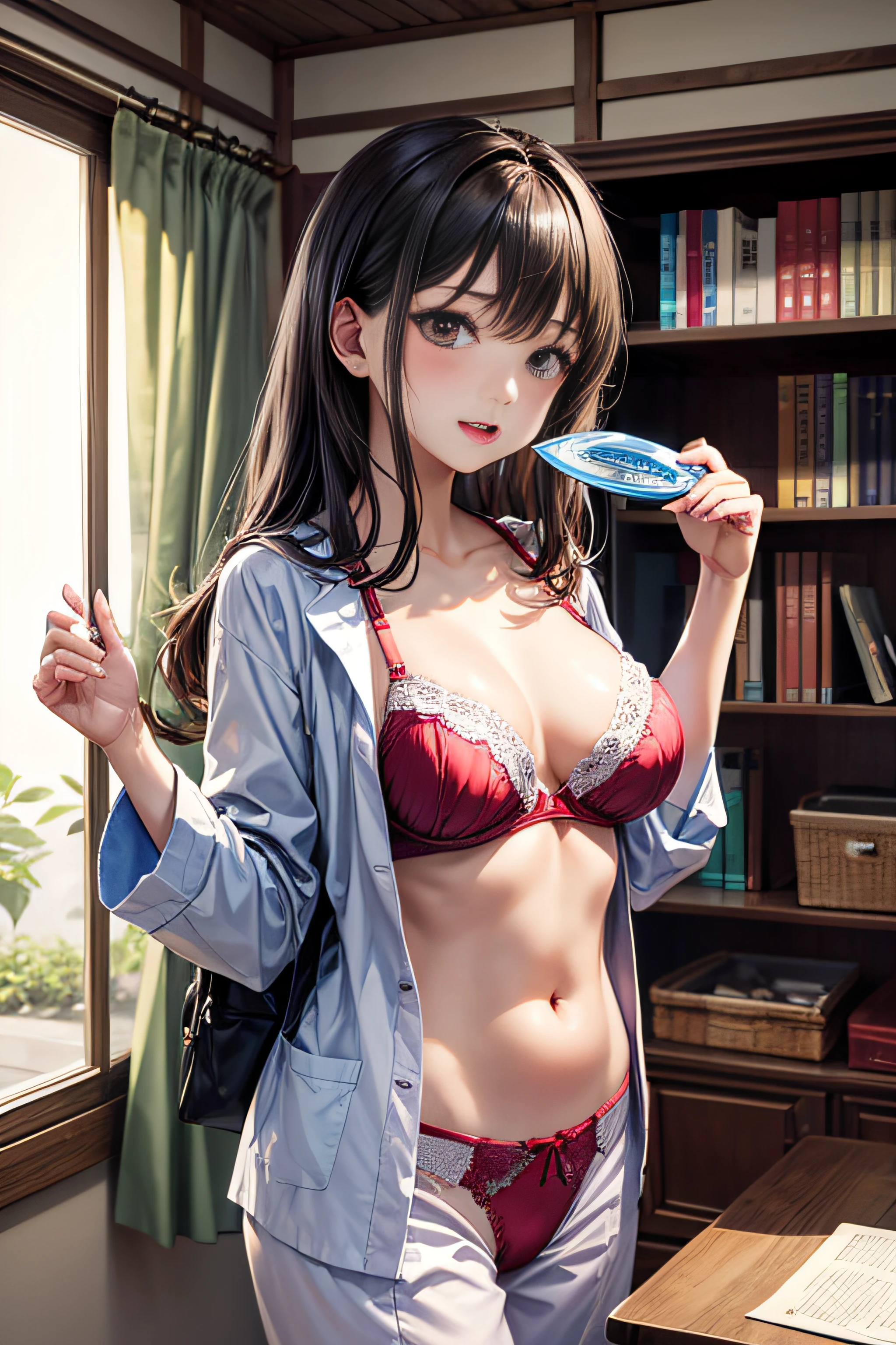 (obra prima、qualidade superior)、NSFW、1 girl in Japan、s Pijamas、Fio dental branco sem costura、Red shelf bra、quarto、、Durma bem de costas、