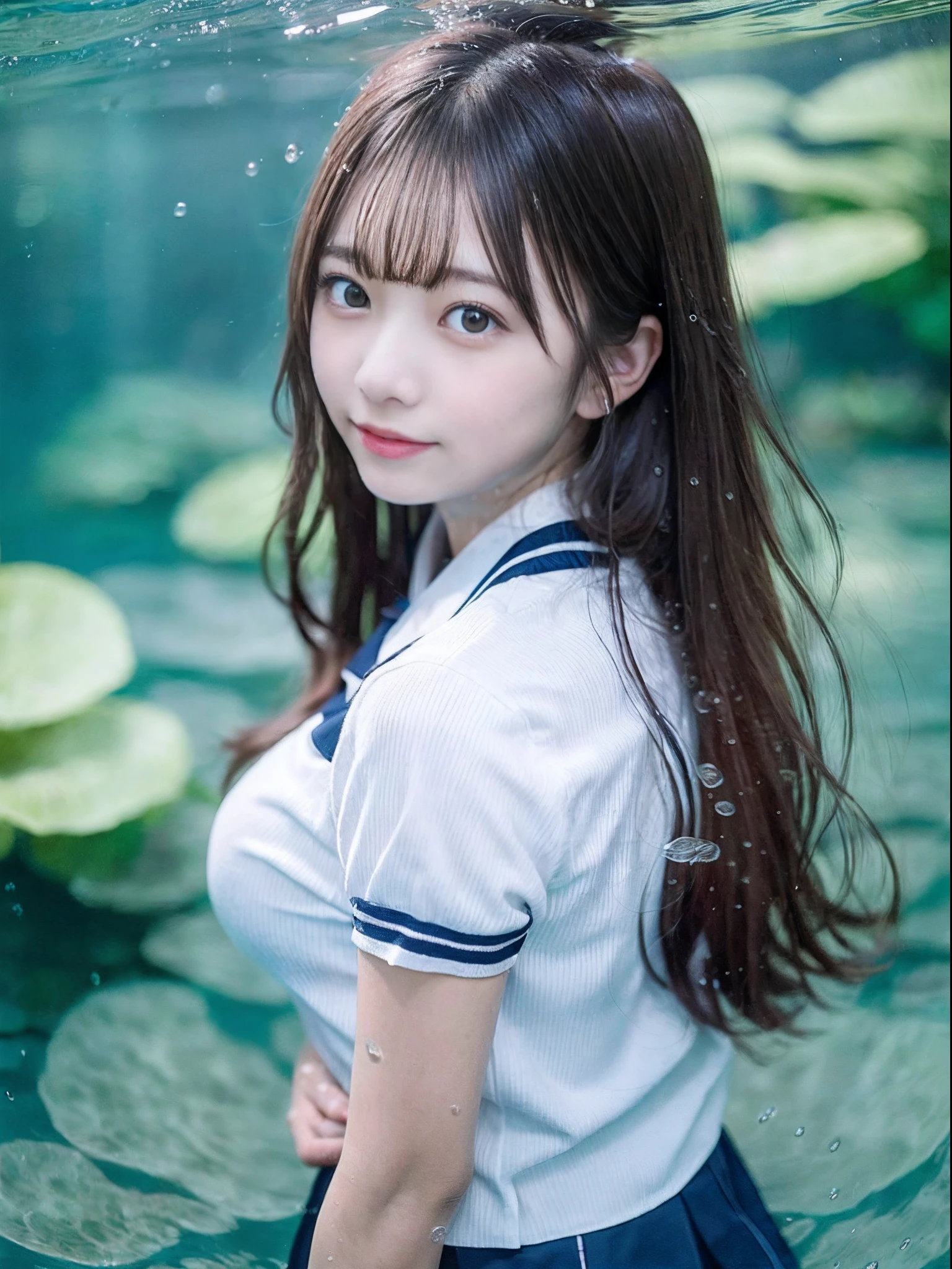 hposing Gravure Idol,((Japanese school uniform)),High school student,Beautiful eyes, Shy smile,Blush, 1girll, solofocus,huge boob,18 years old,Focus on your eyes,full bodyesbian,Whole body,((Best quality, 8K, Masterpiece :1.3)), Sharp focus :1.2, (Beautiful Japanese girl with perfect figure :1.2), (Under water:1.6), water, Air body soft particles,airbubble, closeup cinematic aquatic scene, airbubble,ocean floor