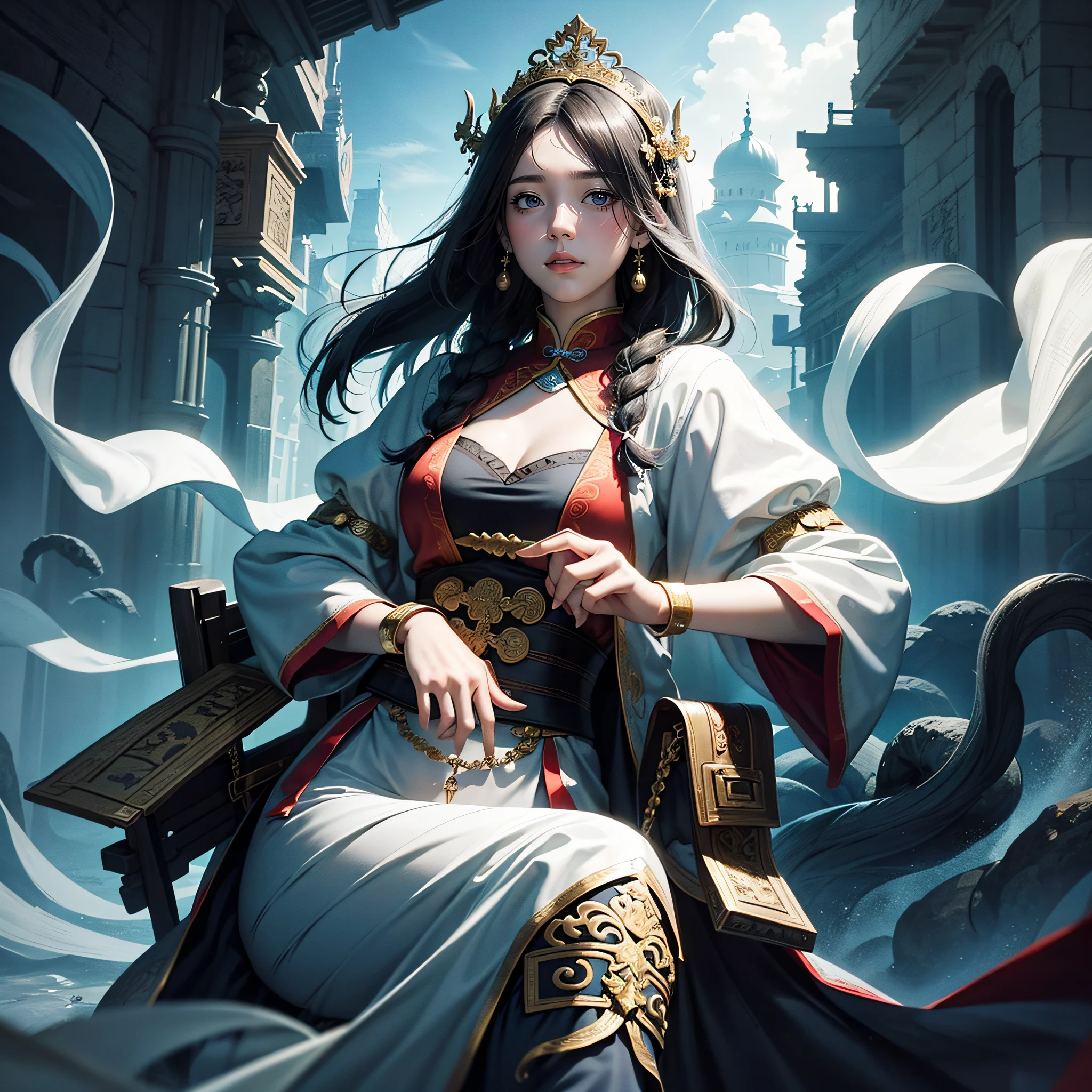 A cover poster about a ghost storybook,There are three women in the poster,A woman dressed in the costume of the Yin Shang Dynasty,A woman dressed in Western Han dynasty costumes,A woman dressed in Hungarian clothing,The vision is eerie